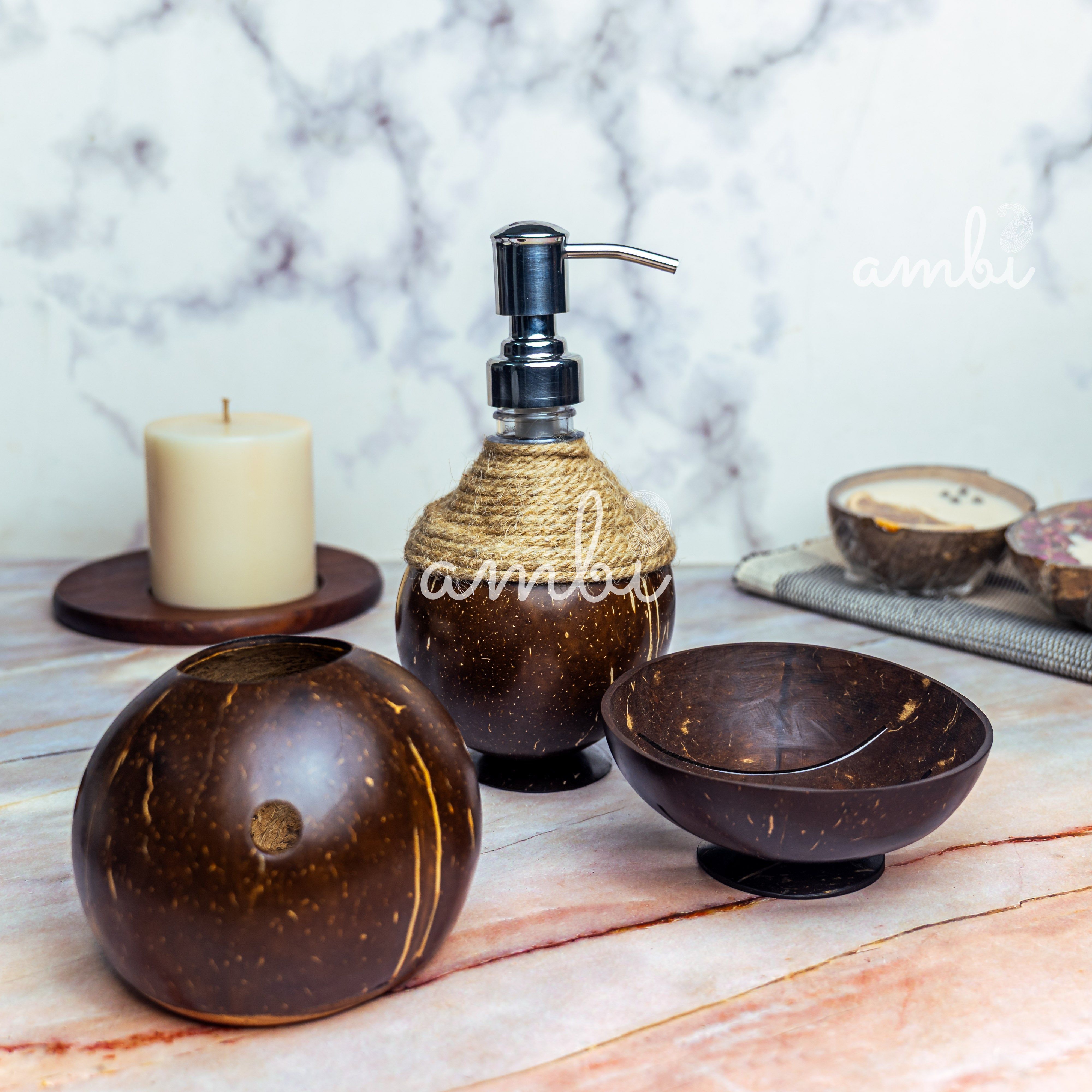 Coconut Shell Bathroom Set - Soap Dispenser, Soap Dish and Toothbrush Holder