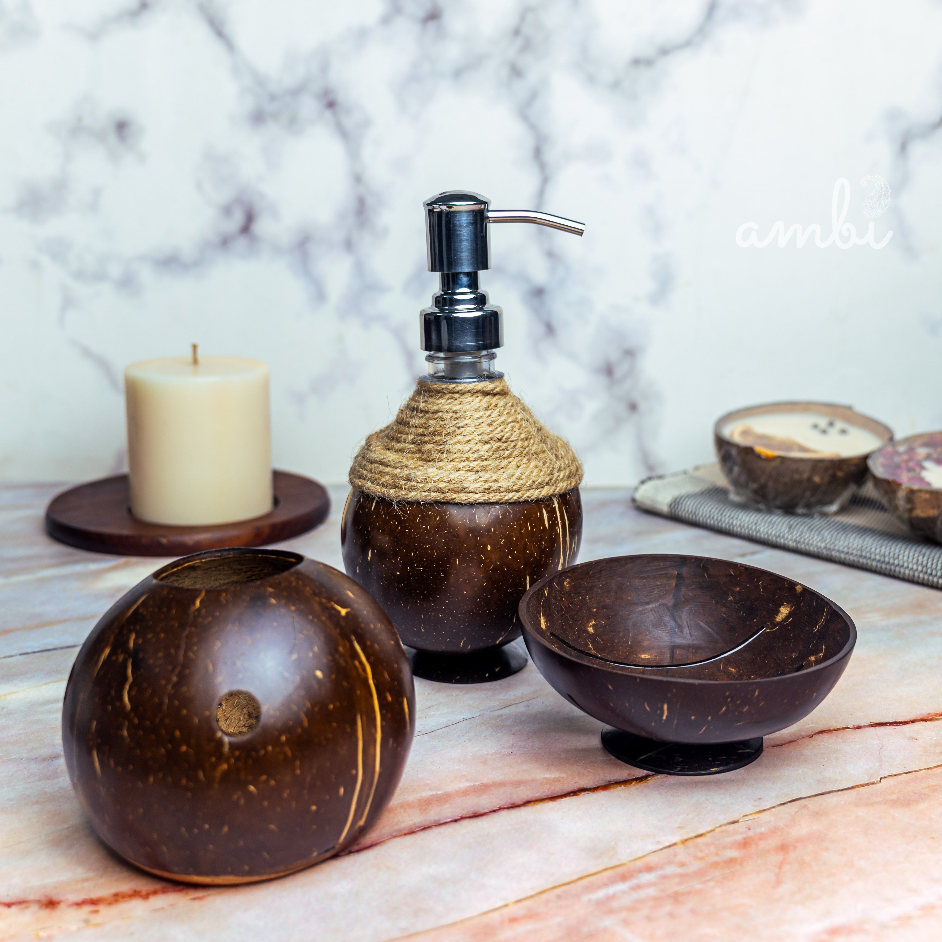 Coconut Shell Bathroom Set — Soap Dispenser, Soap Dish and Toothbrush Holder