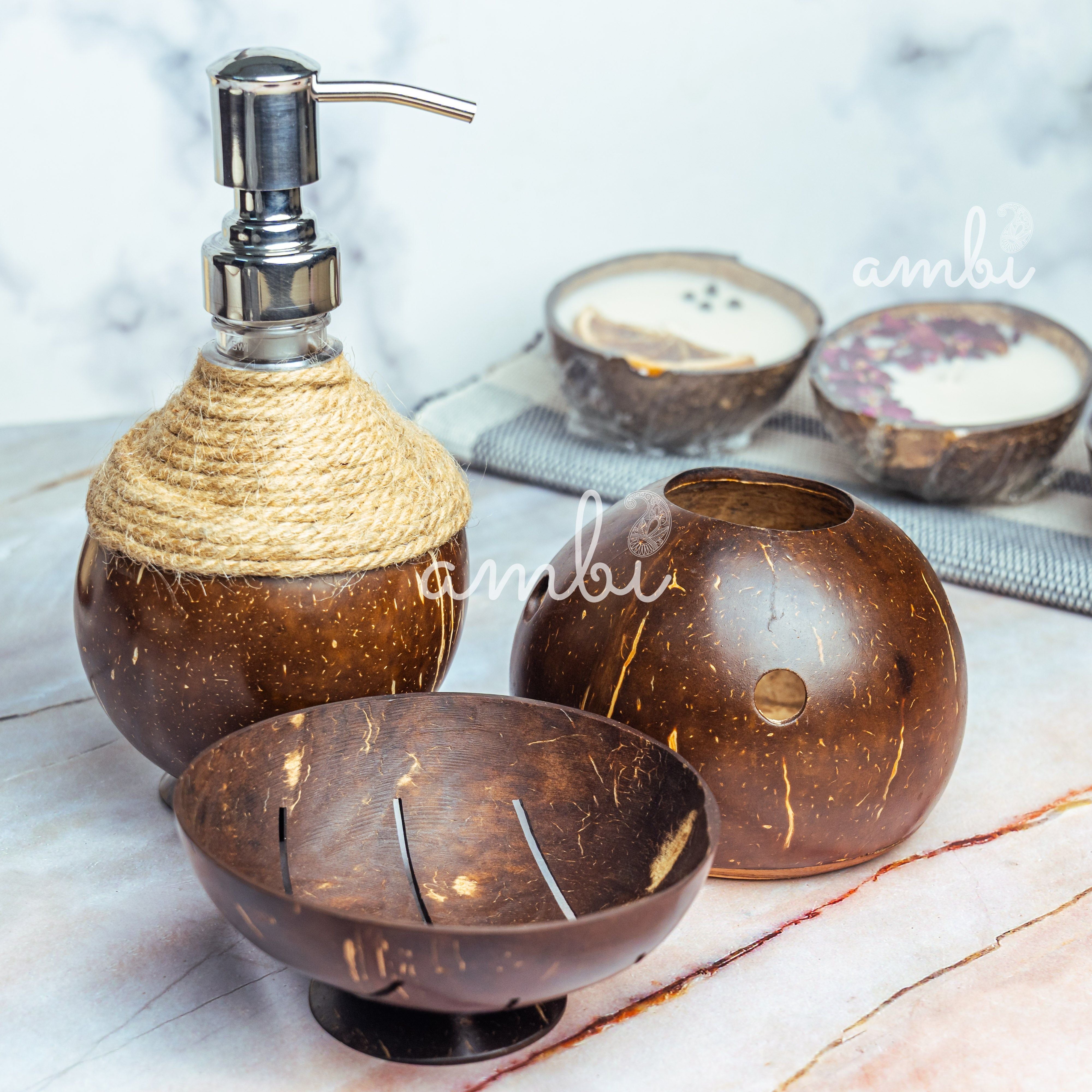 Coconut Shell Bathroom Set - Soap Dispenser, Soap Dish and Toothbrush Holder
