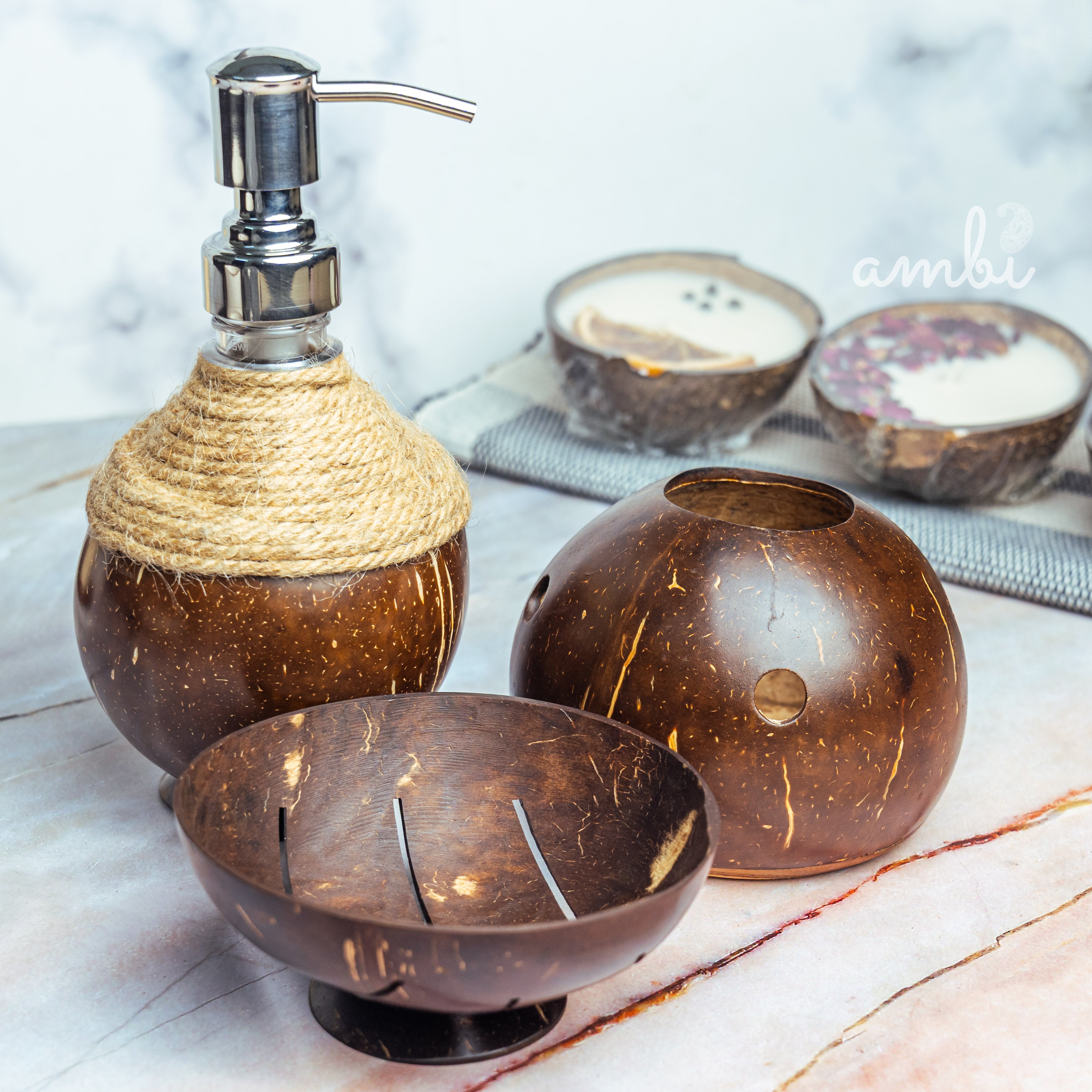 Coconut Shell Bathroom Set — Soap Dispenser, Soap Dish and Toothbrush Holder