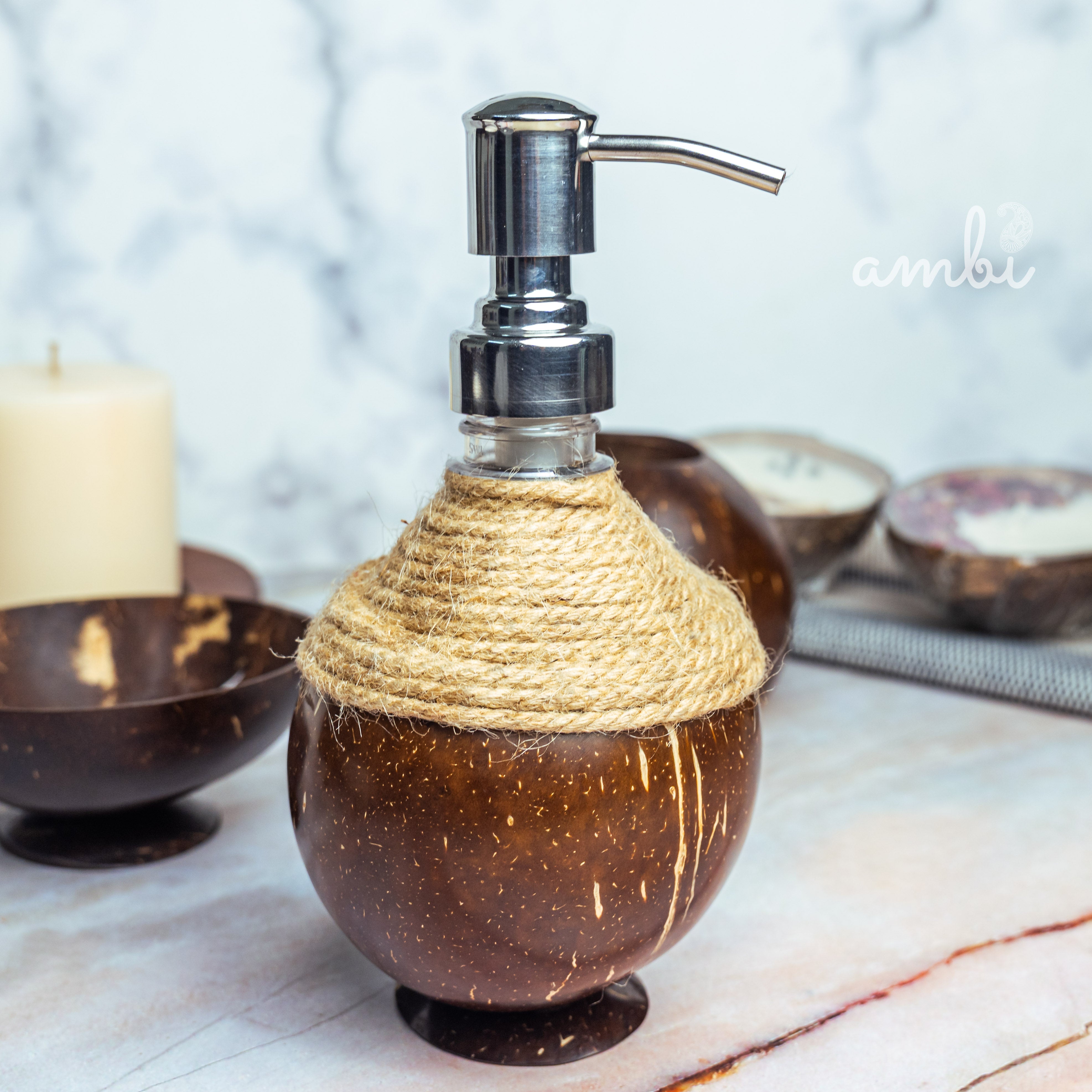 Coconut Shell Bathroom Set — Soap Dispenser, Soap Dish and Toothbrush Holder