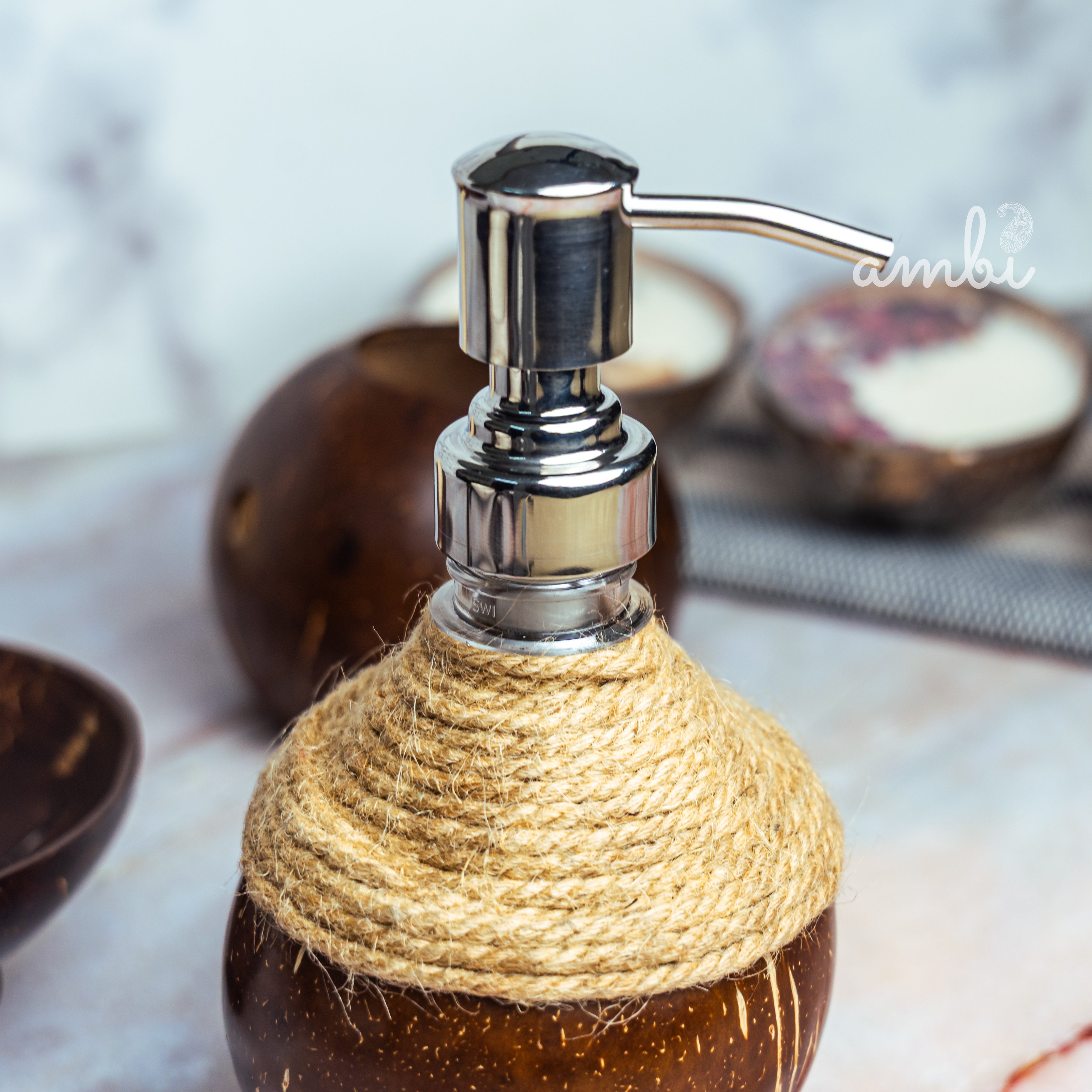 Coconut Shell Bathroom Set — Soap Dispenser, Soap Dish and Toothbrush Holder