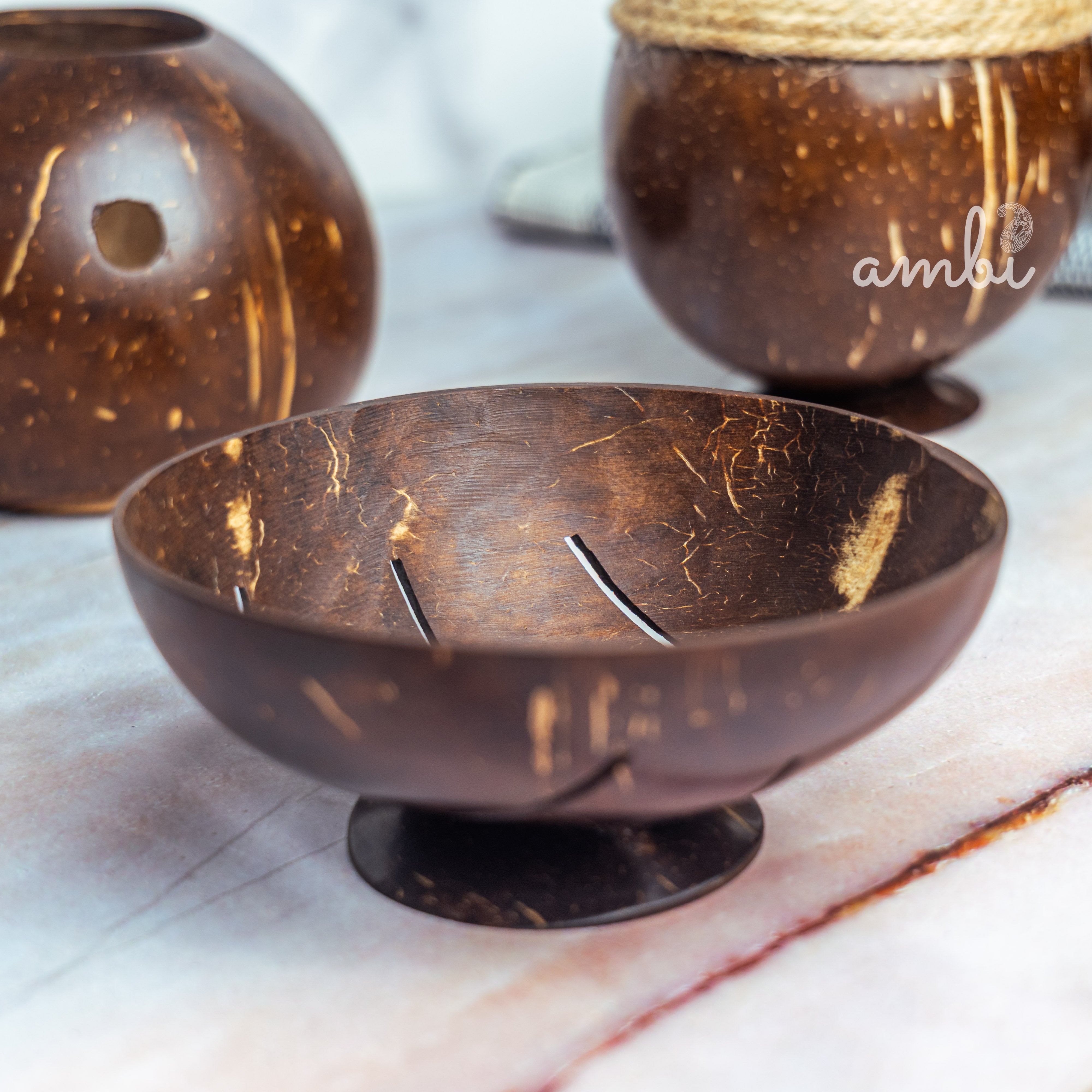 Coconut Shell Bathroom Set — Soap Dispenser, Soap Dish and Toothbrush Holder