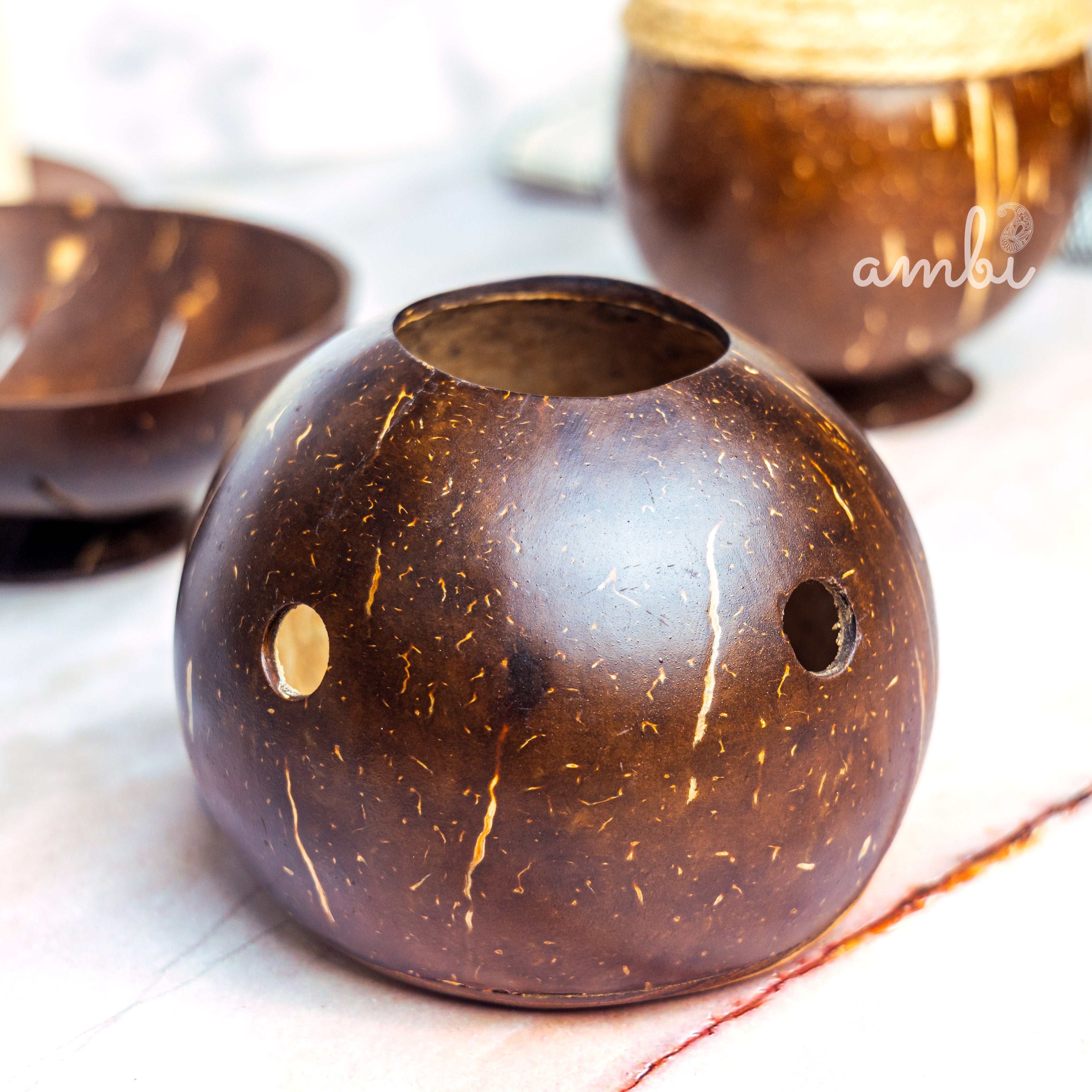 Coconut Shell Bathroom Set — Soap Dispenser, Soap Dish and Toothbrush Holder