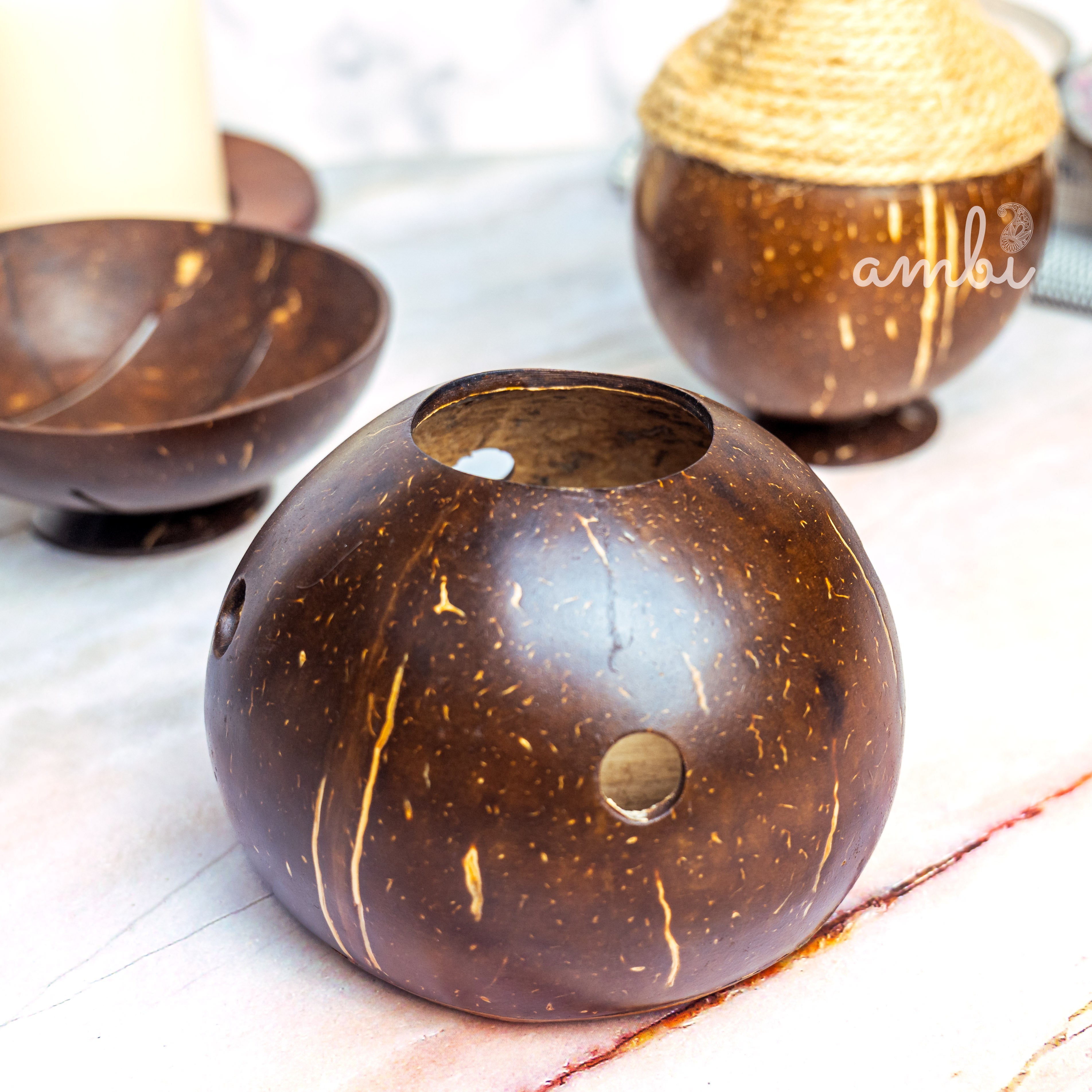 Coconut Shell Bathroom Set — Soap Dispenser, Soap Dish and Toothbrush Holder