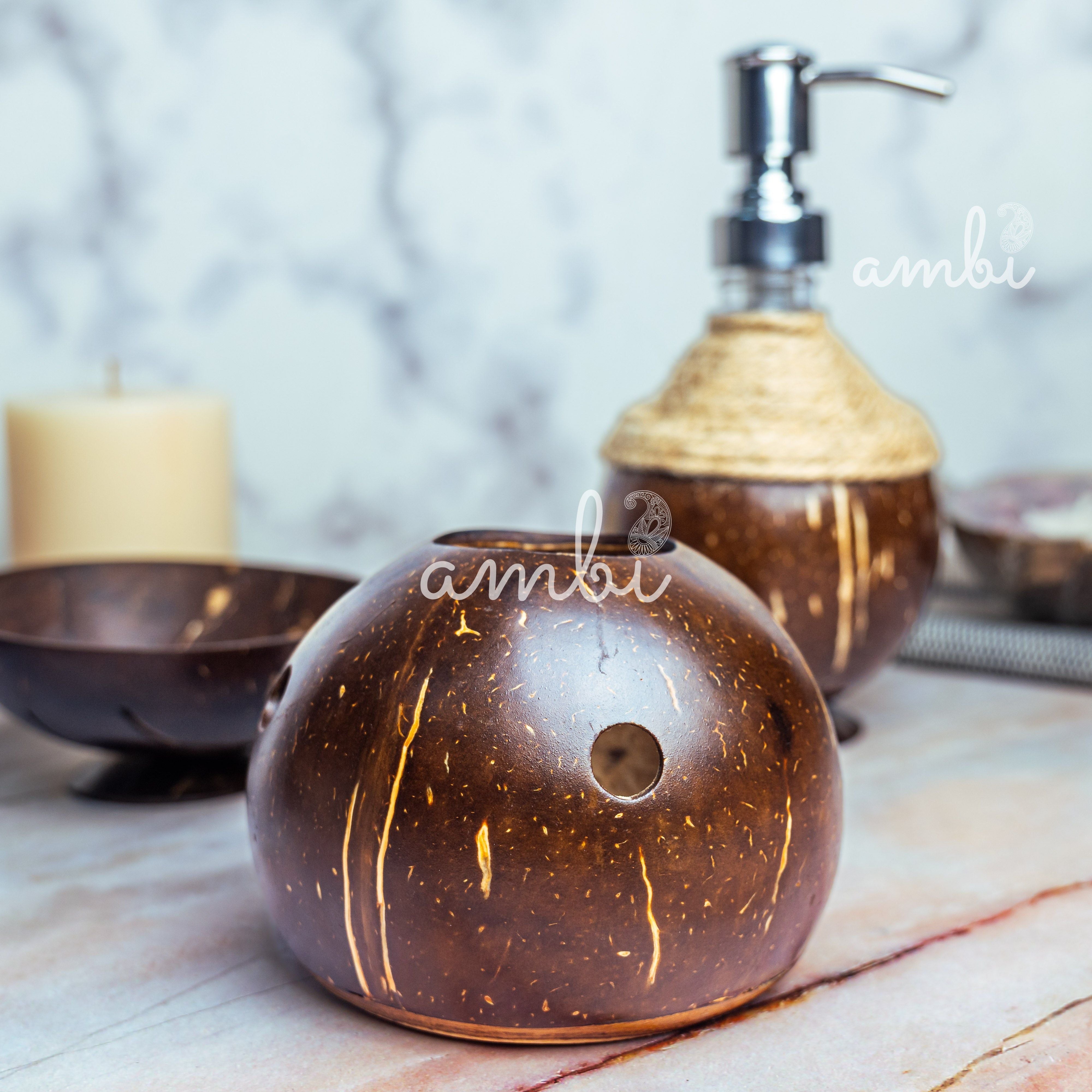 Coconut Shell Bathroom Set - Soap Dispenser, Soap Dish and Toothbrush Holder