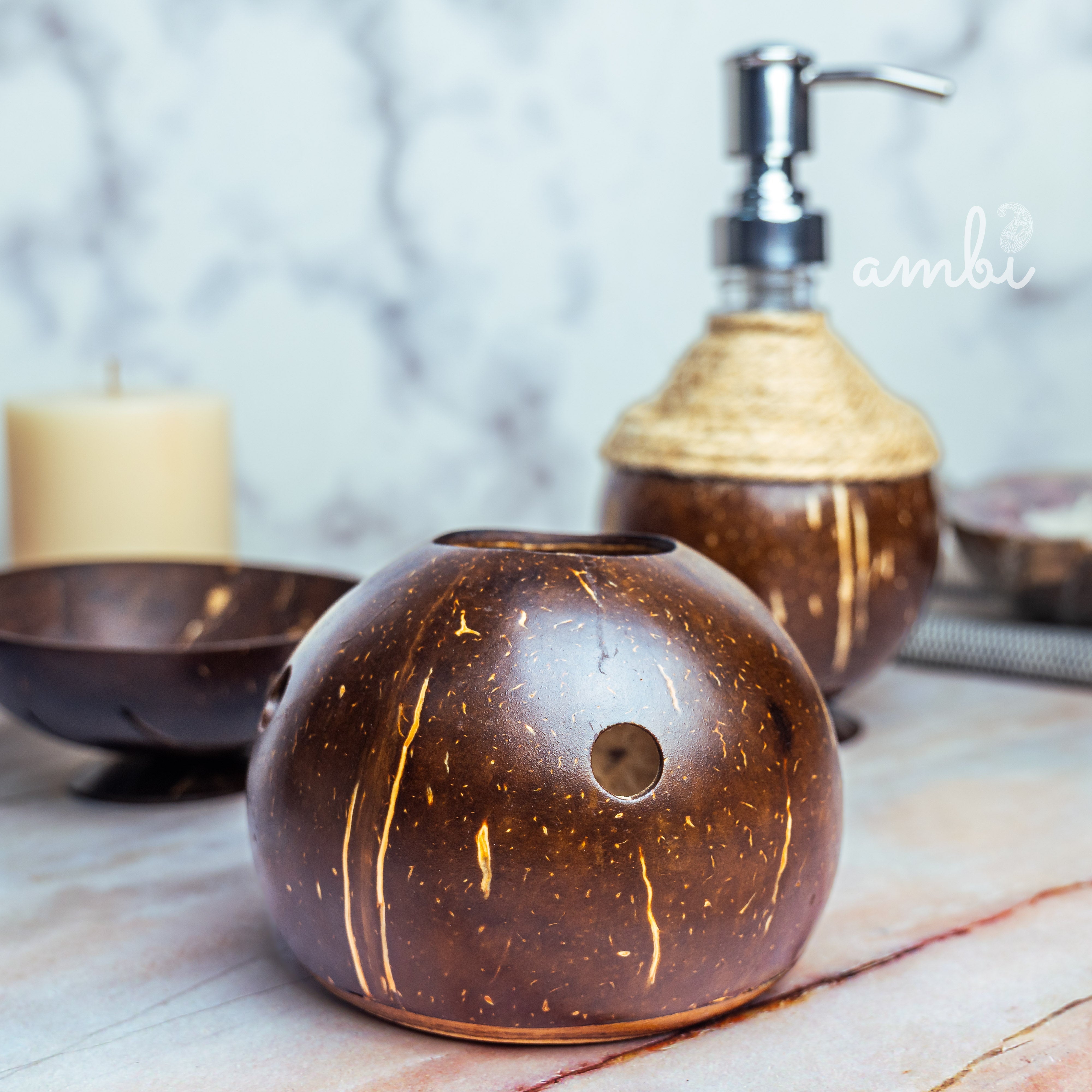 Coconut Shell Bathroom Set — Soap Dispenser, Soap Dish and Toothbrush Holder
