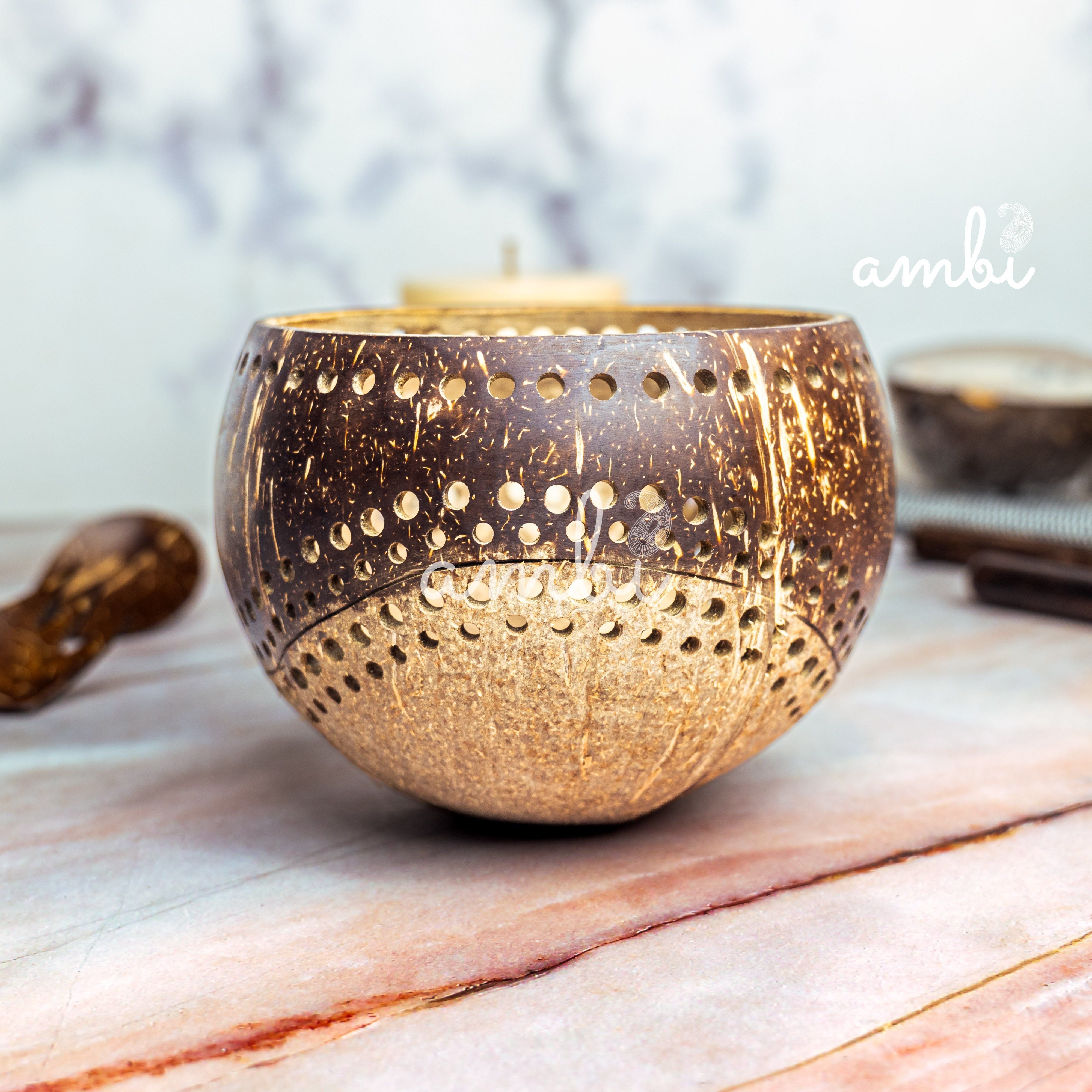 Hand Carved Coconut Shell Candle Holder — Eco-Friendly Tealight Lantern