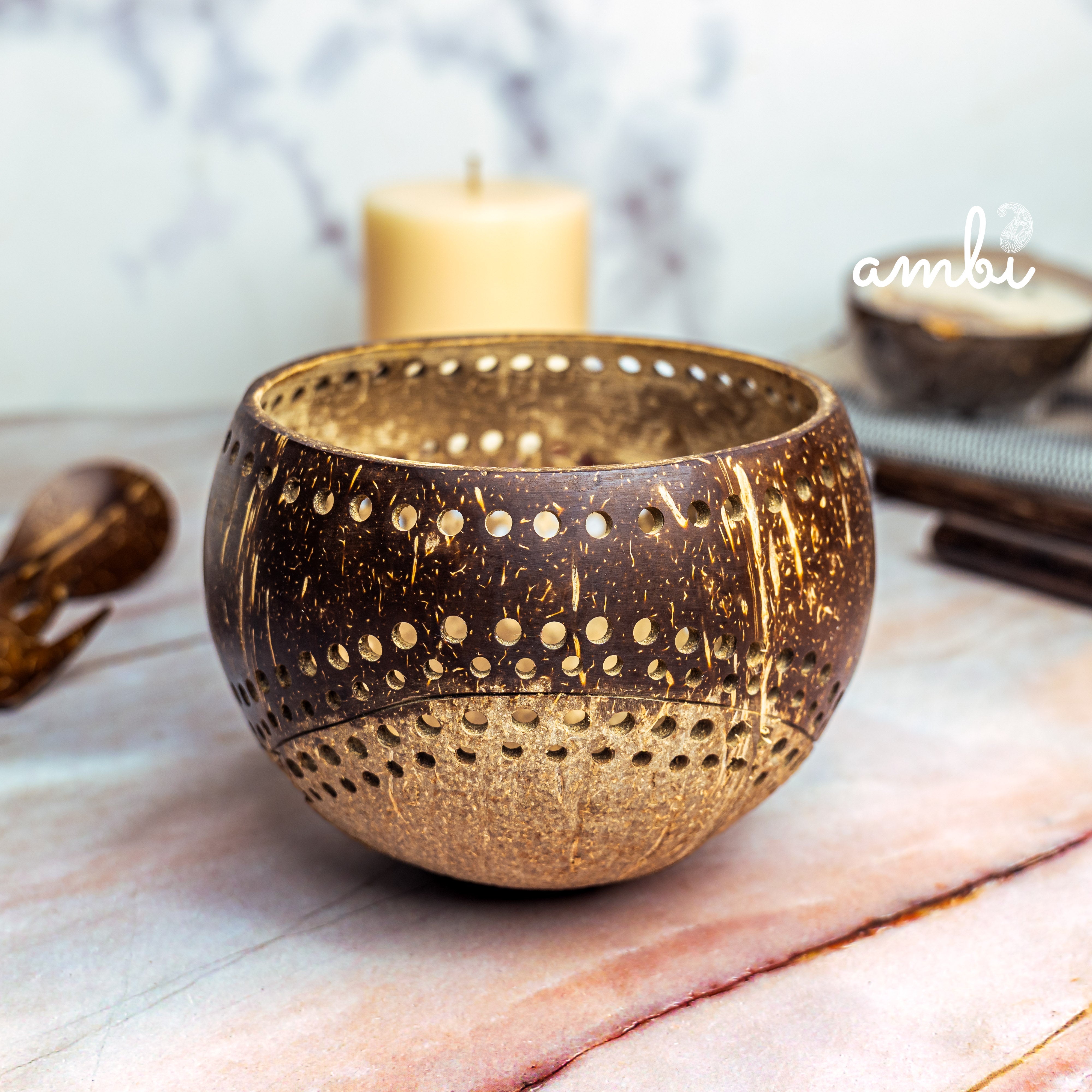 Hand Carved Coconut Shell Candle Holder — Eco-Friendly Tealight Lantern