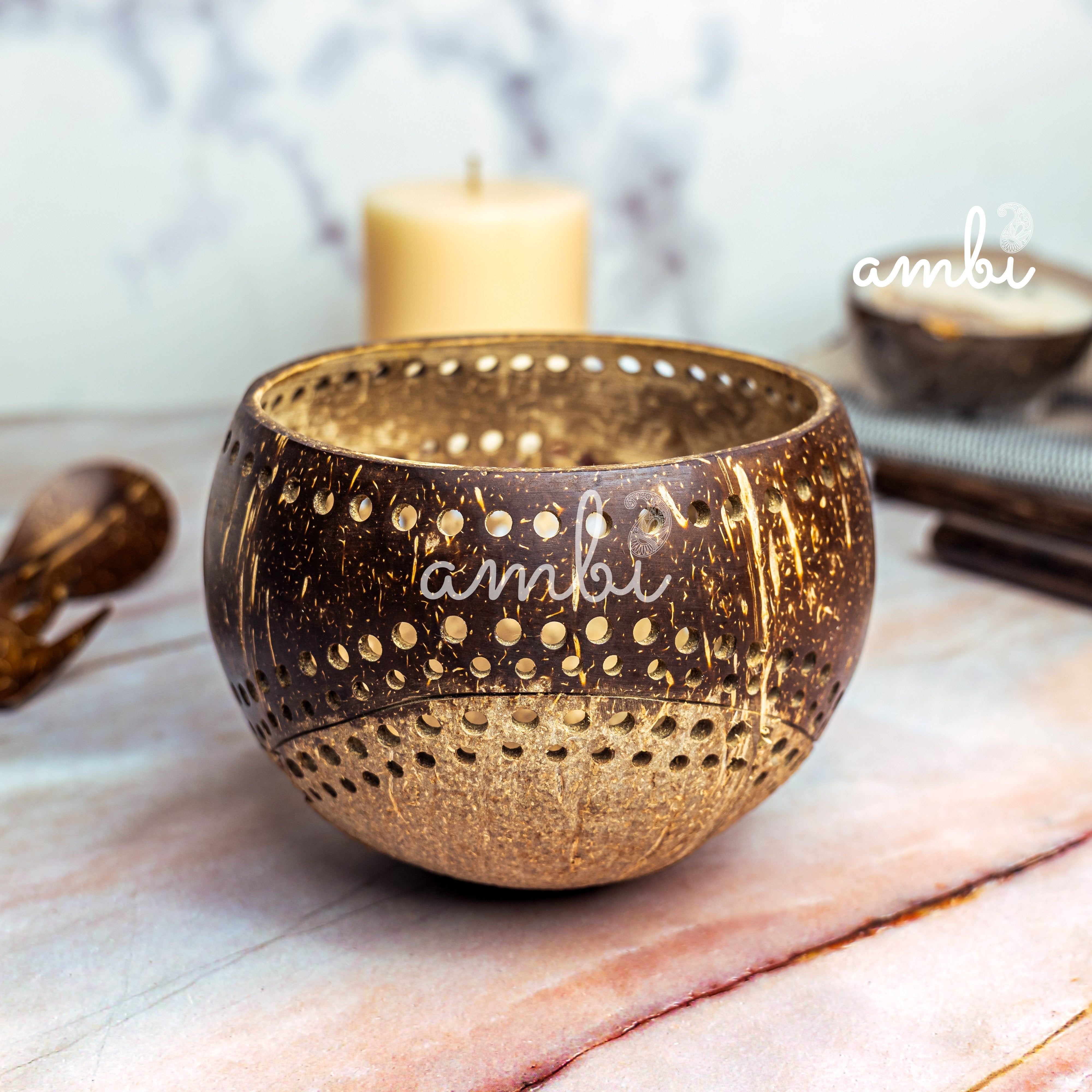 Hand Carved Coconut Shell Candle Holder — Eco-Friendly Tealight Lantern