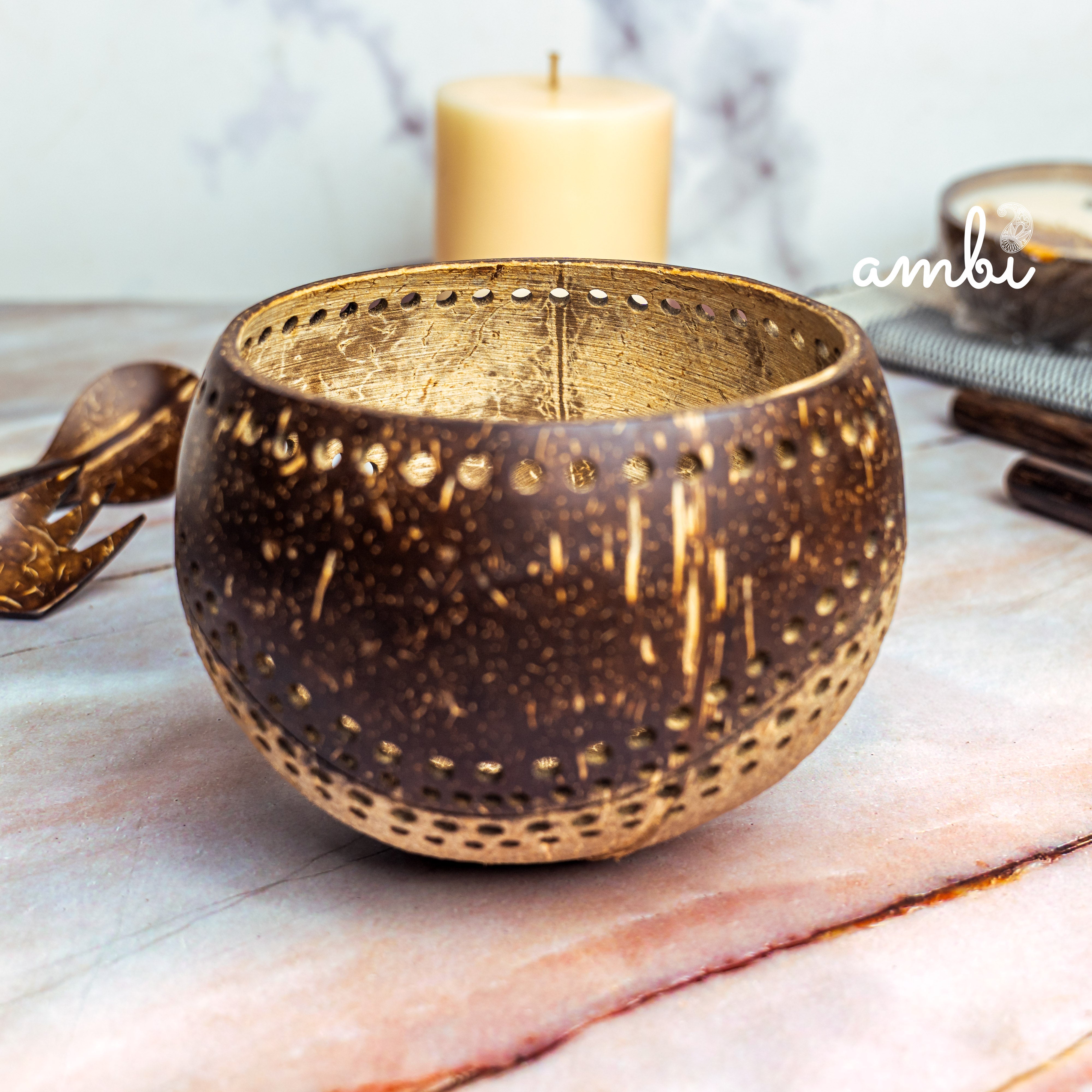 Hand Carved Coconut Shell Candle Holder — Eco-Friendly Tealight Lantern