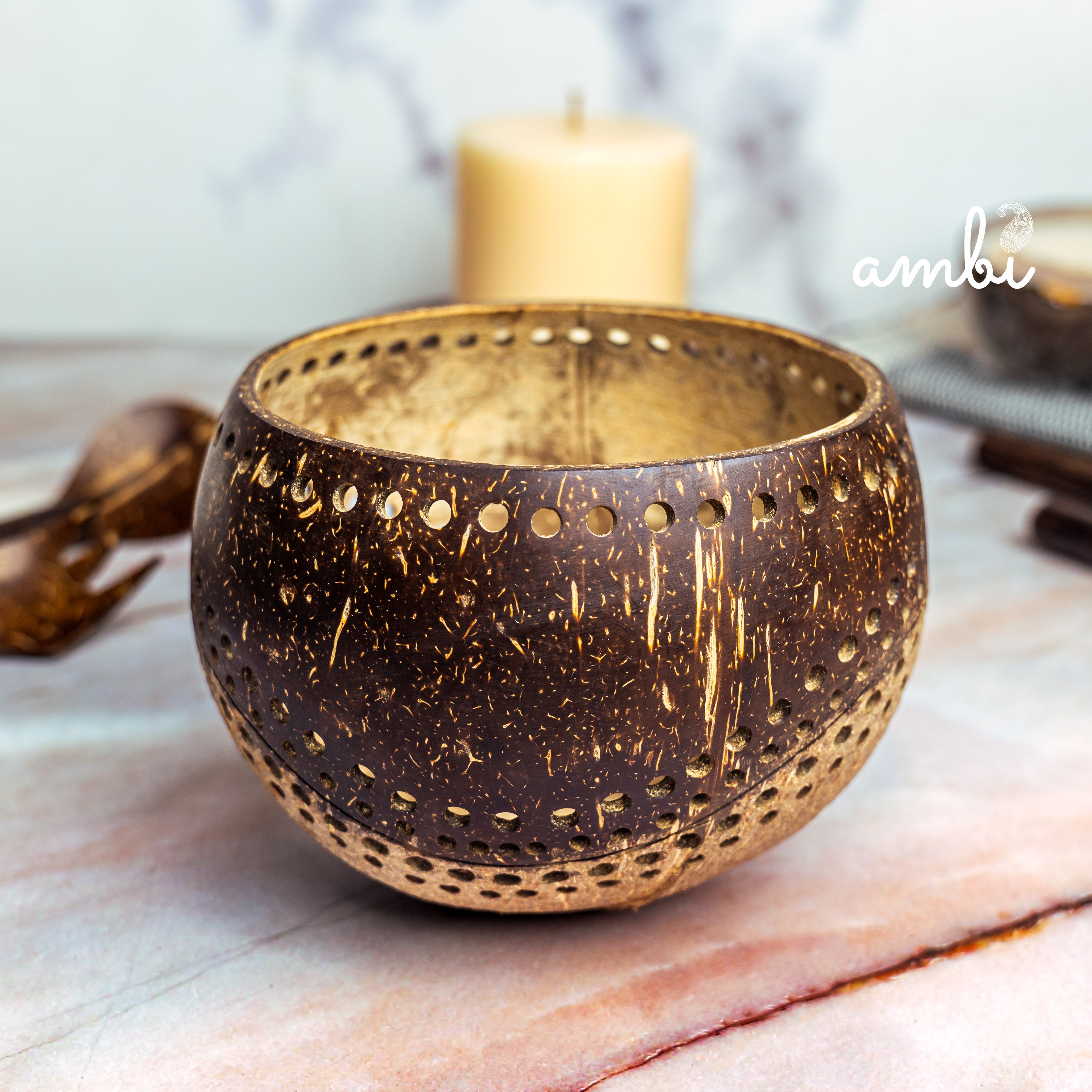 Hand Carved Coconut Shell Candle Holder — Eco-Friendly Tealight Lantern