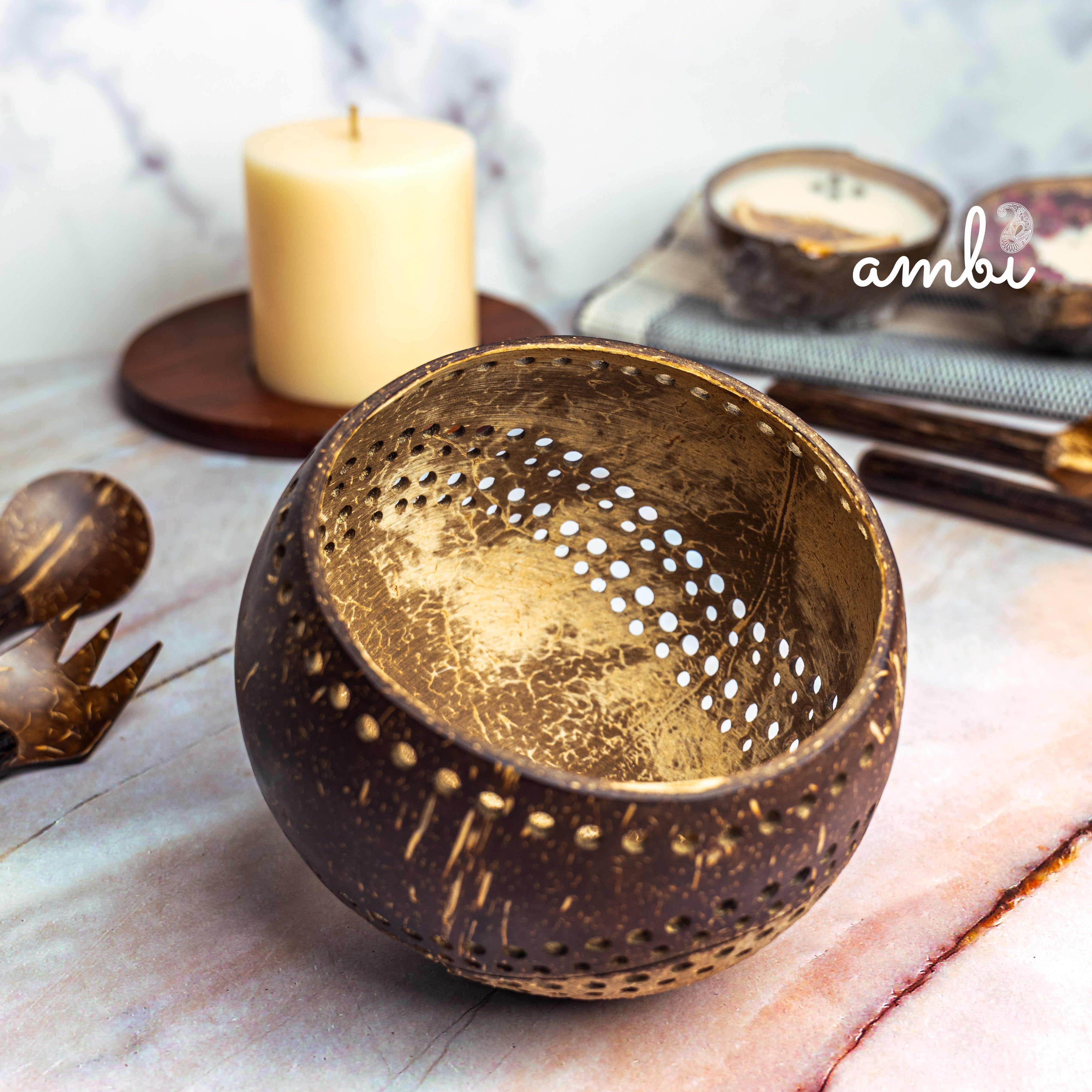 Hand Carved Coconut Shell Candle Holder — Eco-Friendly Tealight Lantern
