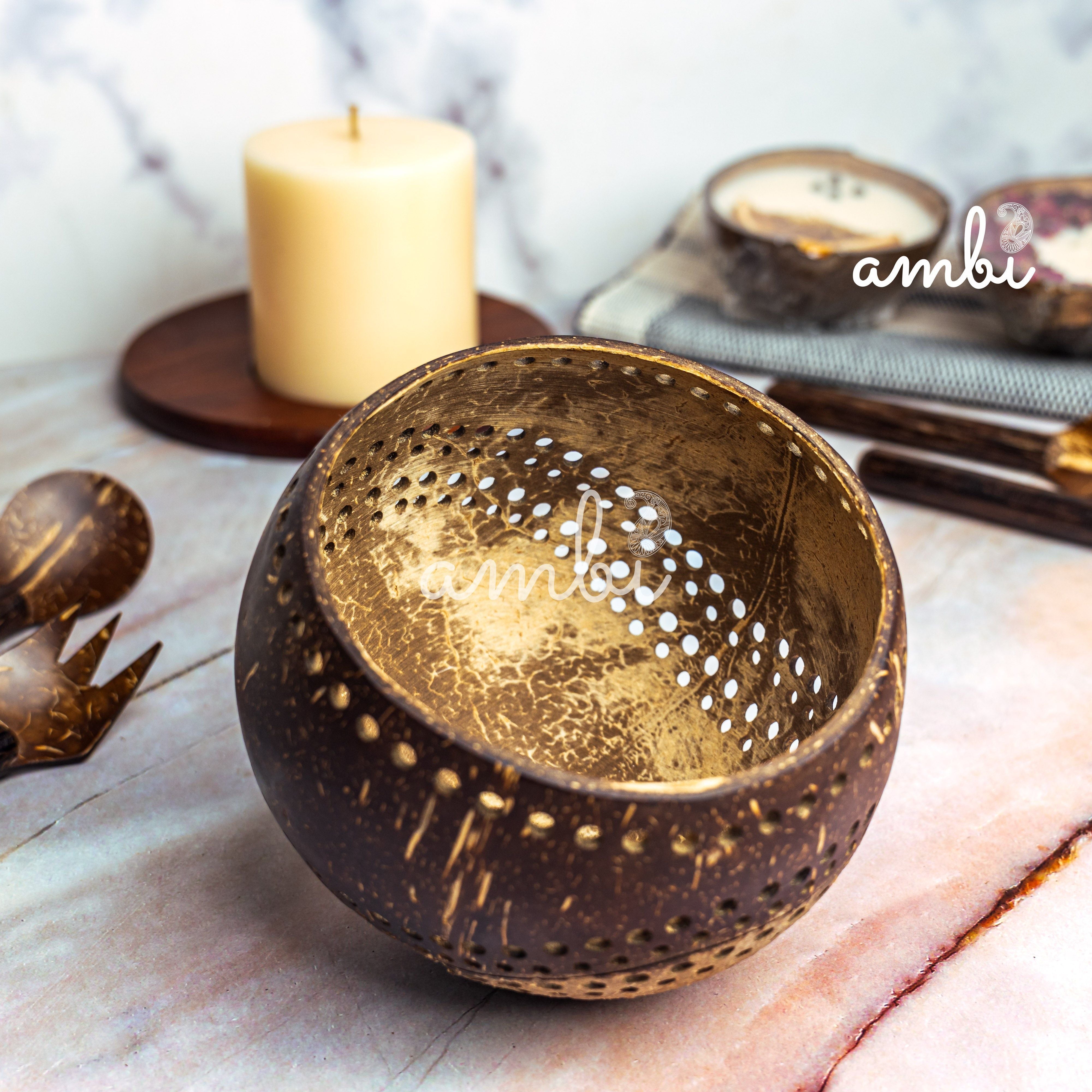 Hand Carved Coconut Shell Candle Holder — Eco-Friendly Tealight Lantern