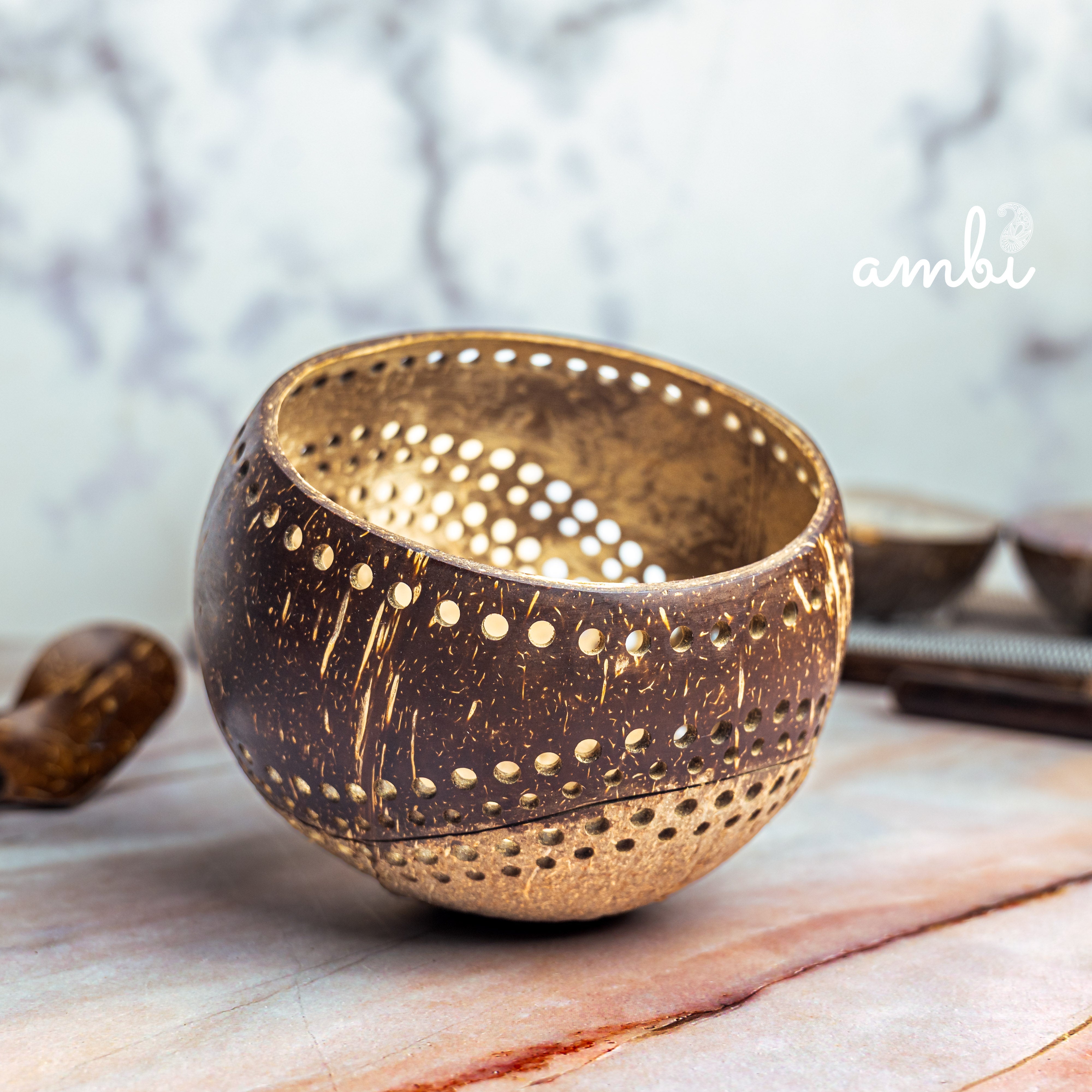 Hand Carved Coconut Shell Candle Holder — Eco-Friendly Tealight Lantern