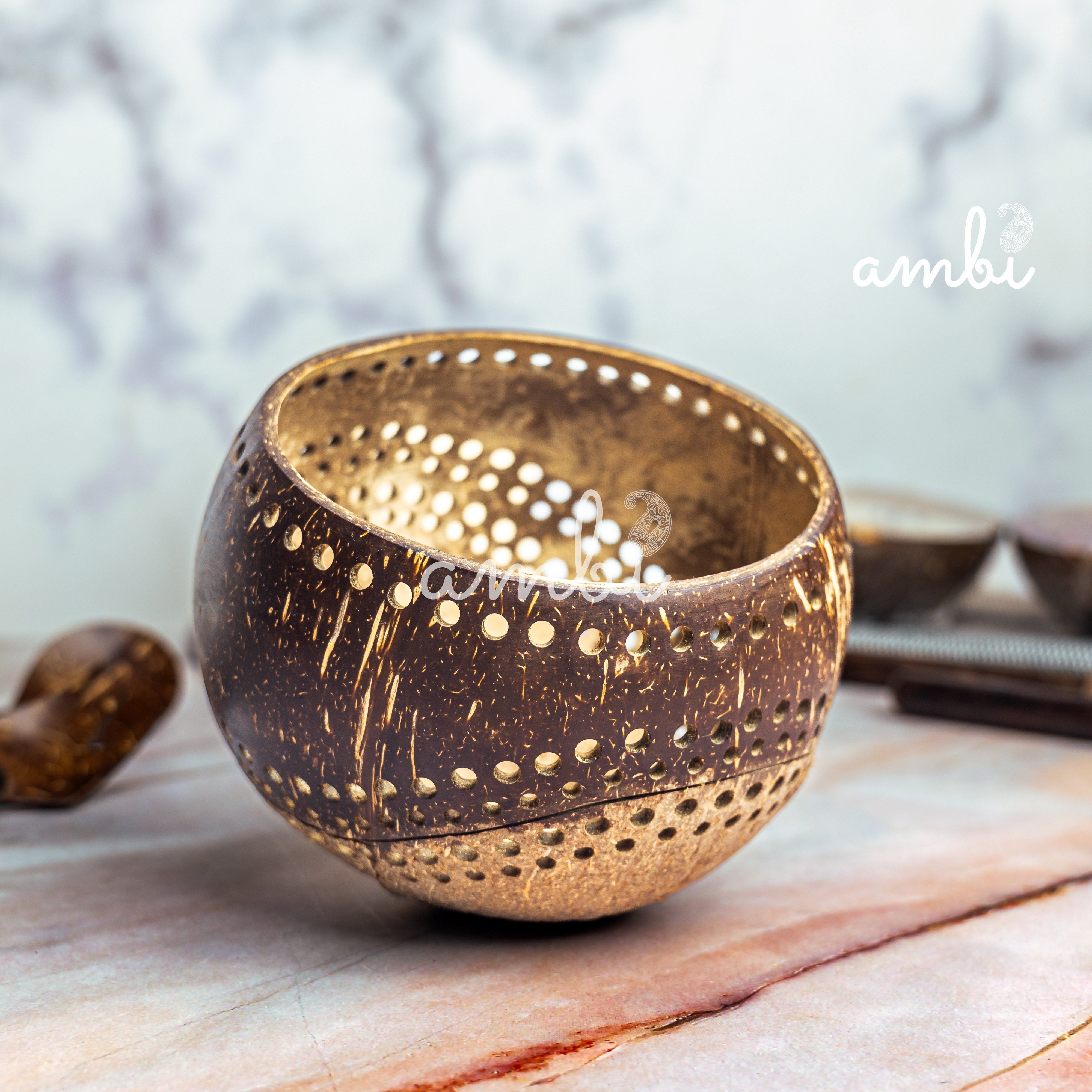 Hand Carved Coconut Shell Candle Holder — Eco-Friendly Tealight Lantern