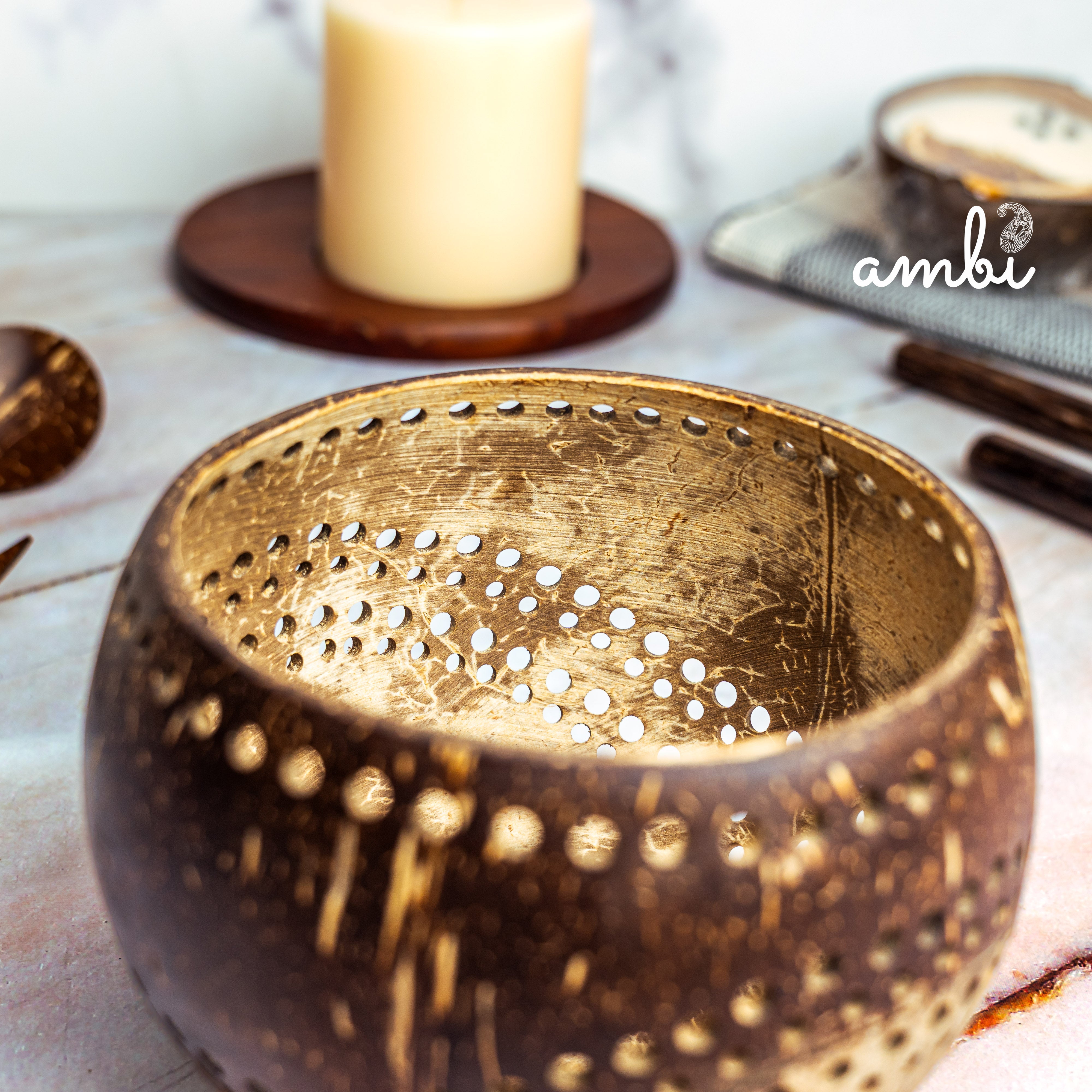 Hand Carved Coconut Shell Candle Holder — Eco-Friendly Tealight Lantern