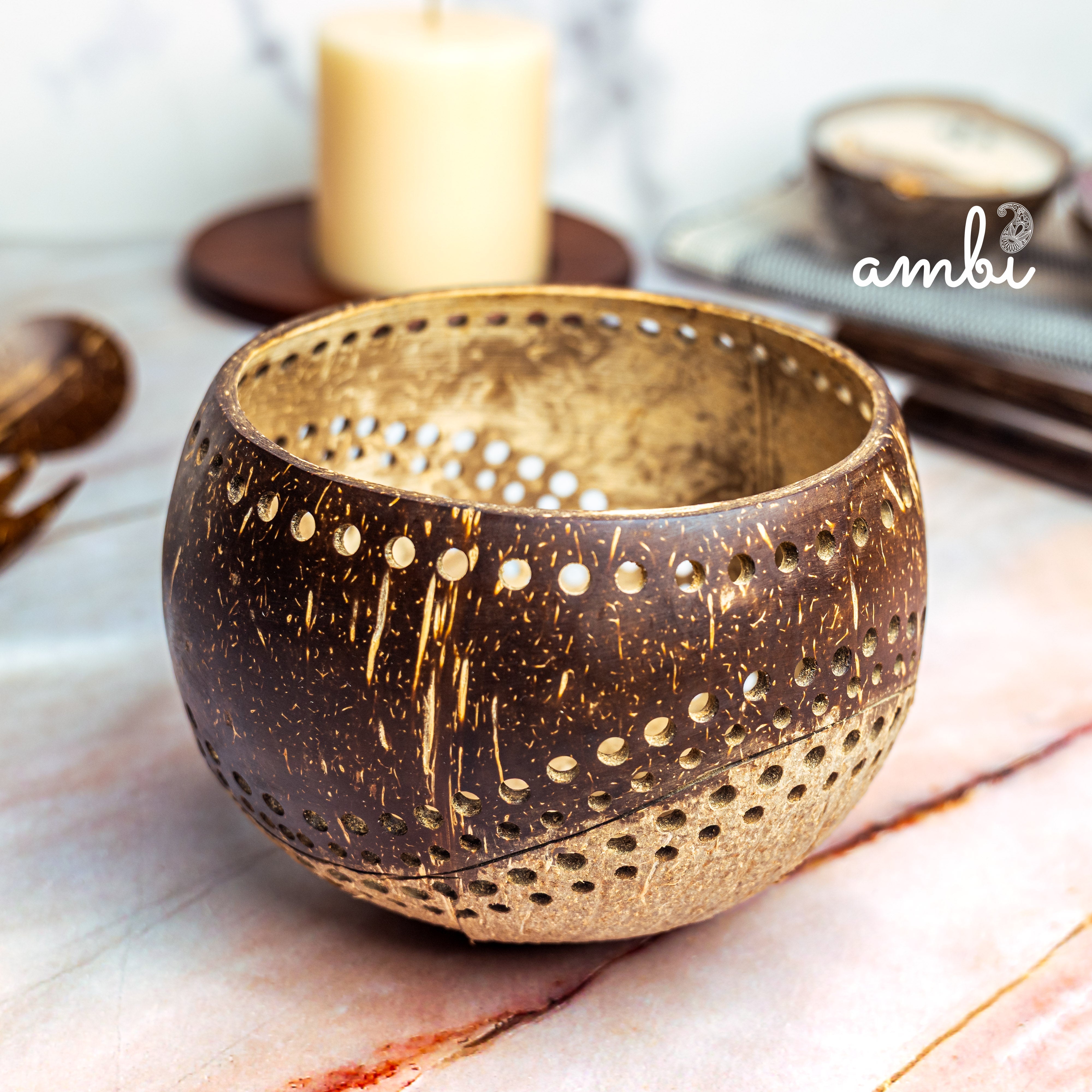 Hand Carved Coconut Shell Candle Holder — Eco-Friendly Tealight Lantern