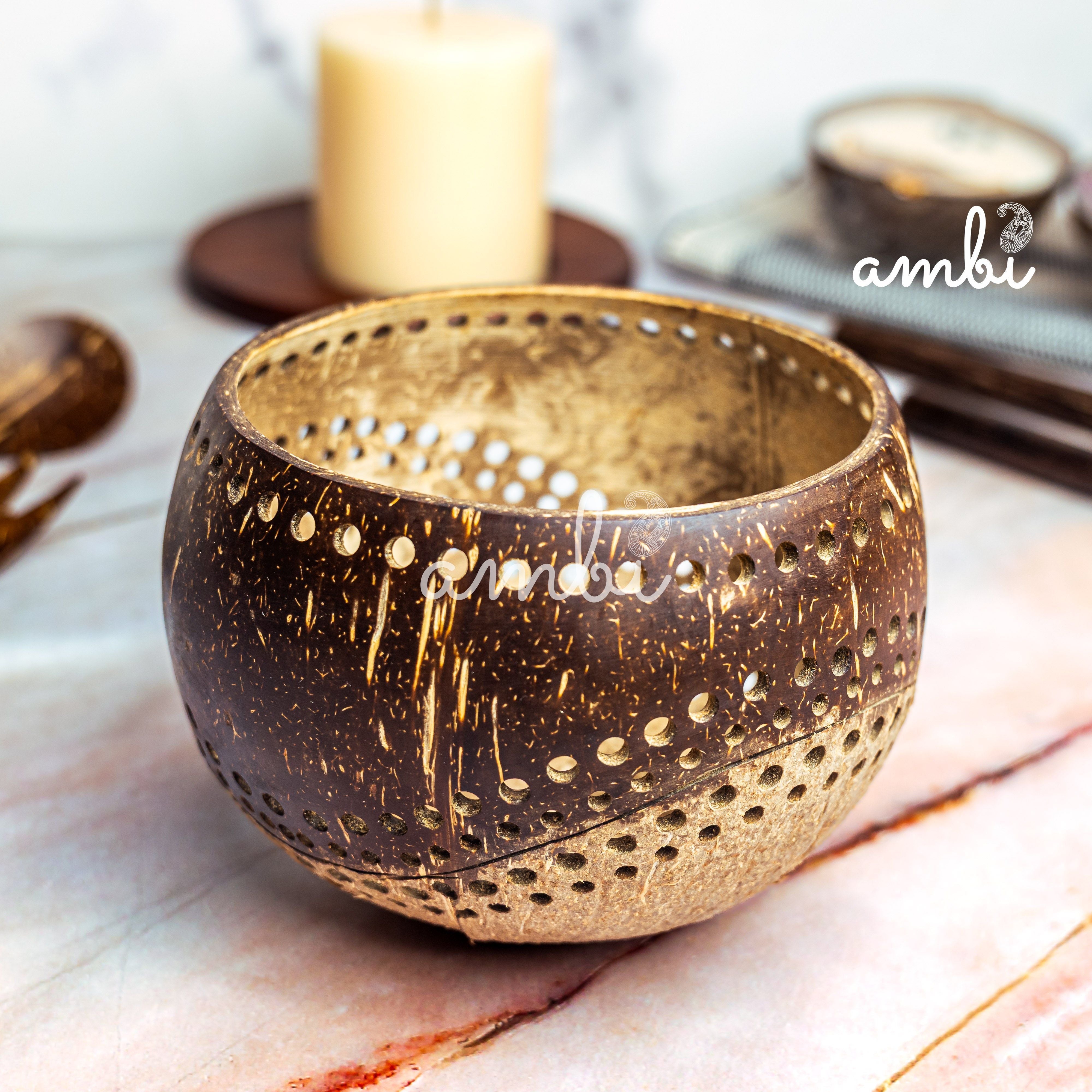 Hand Carved Coconut Shell Candle Holder — Eco-Friendly Tealight Lantern