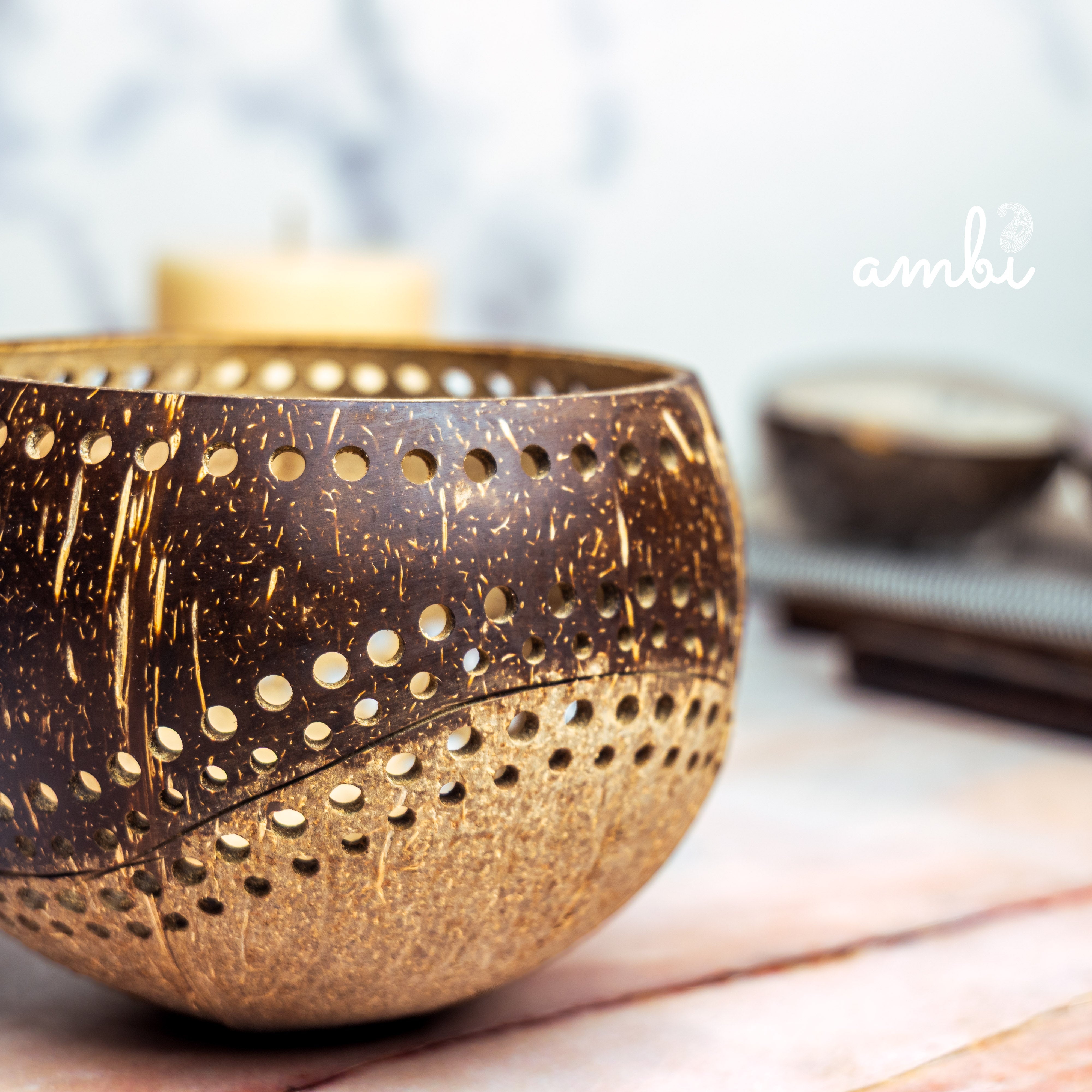 Hand Carved Coconut Shell Candle Holder — Eco-Friendly Tealight Lantern