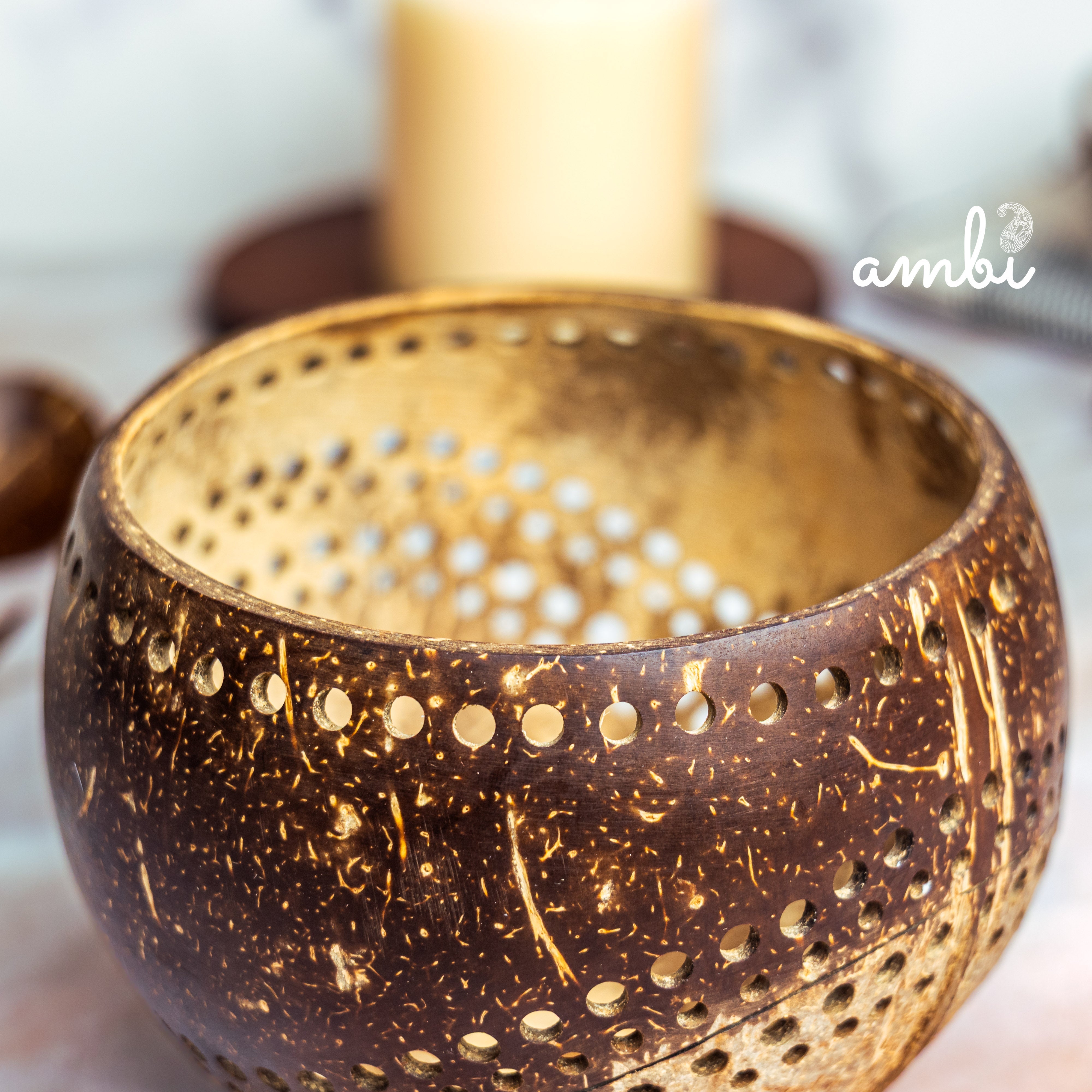 Hand Carved Coconut Shell Candle Holder — Eco-Friendly Tealight Lantern