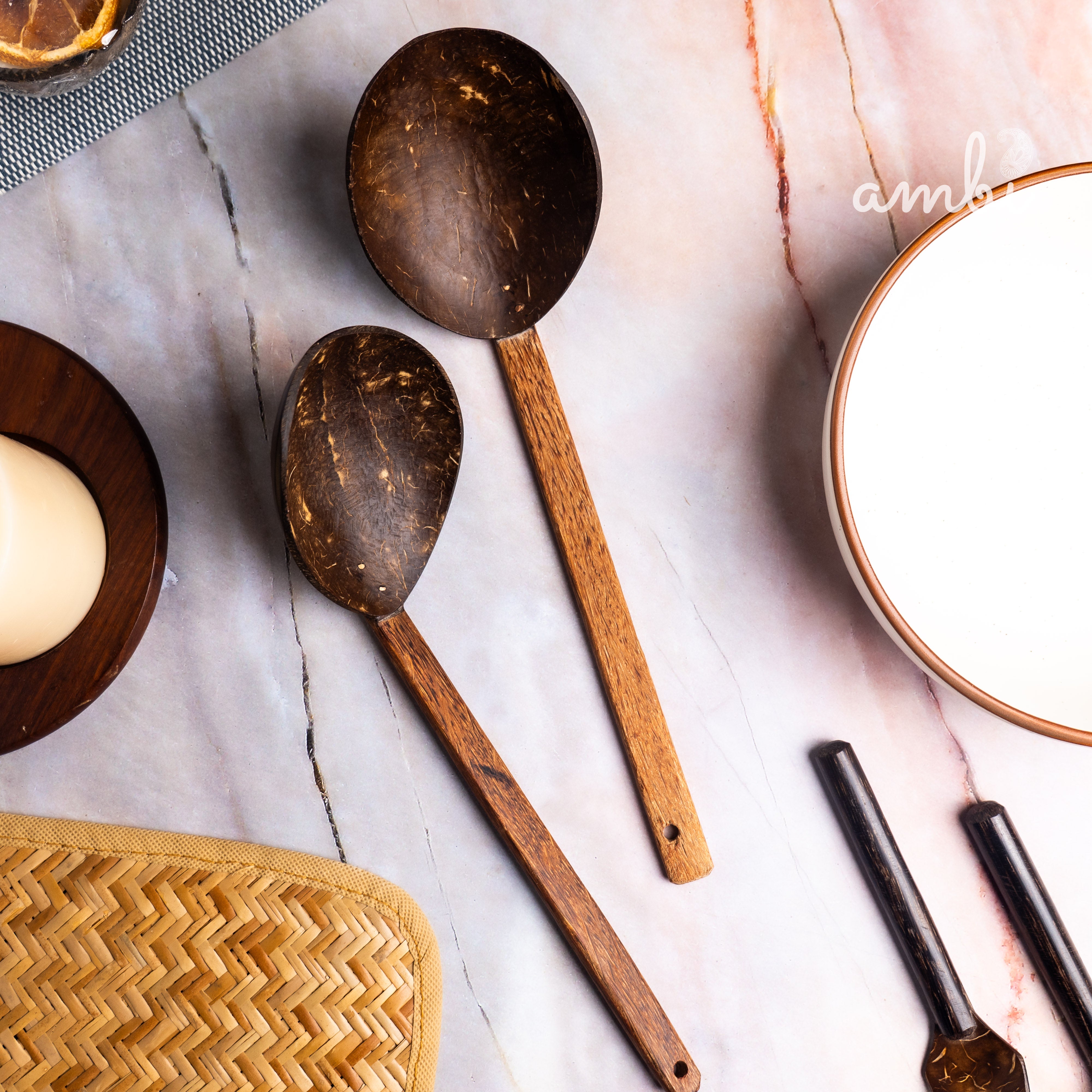 Coconut Shell Dining Set — 2 Bowls, 2 Cups, 2 Plates, 2 Spoons, 2 Forks