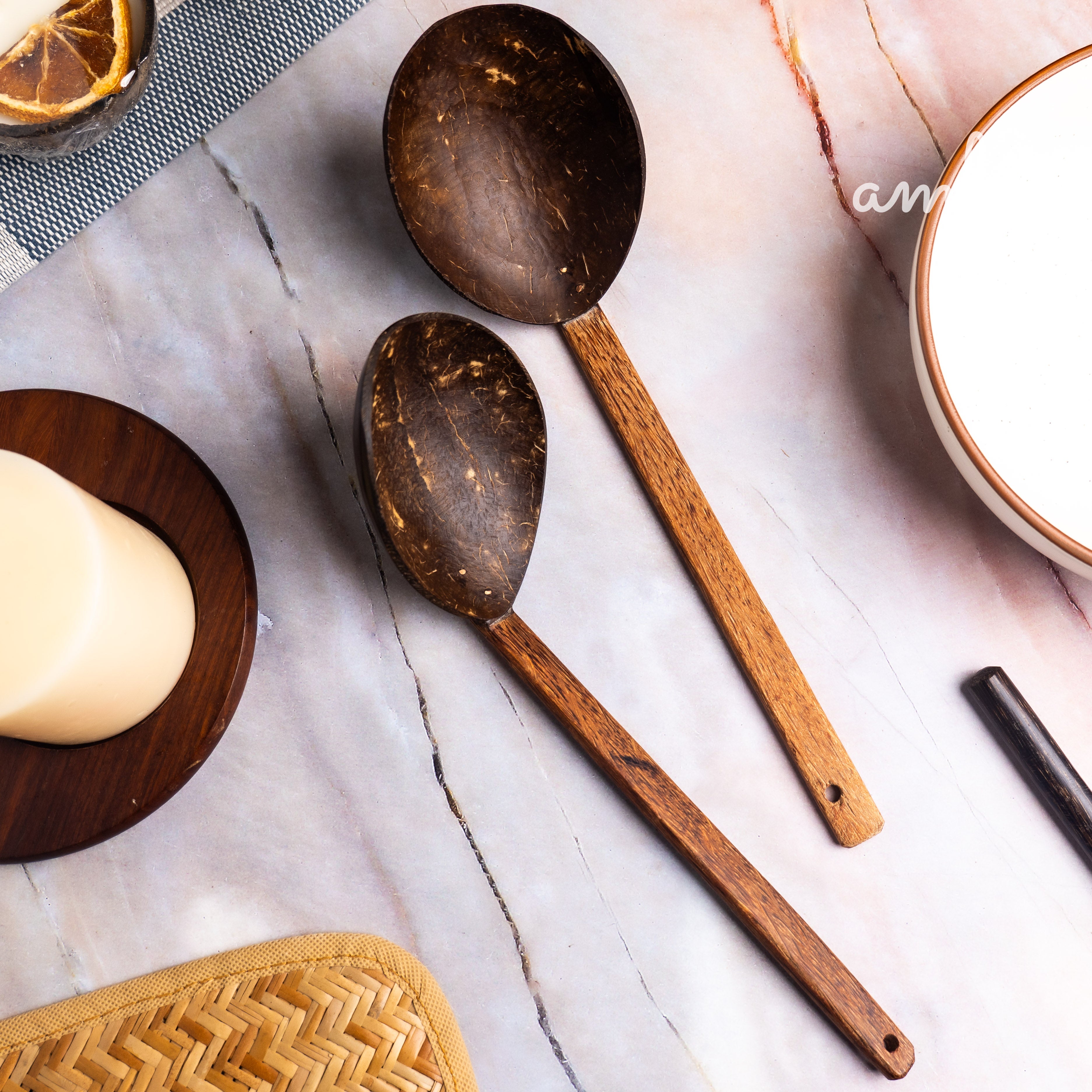 Coconut Shell Dining Set — 2 Bowls, 2 Cups, 2 Plates, 2 Spoons, 2 Forks