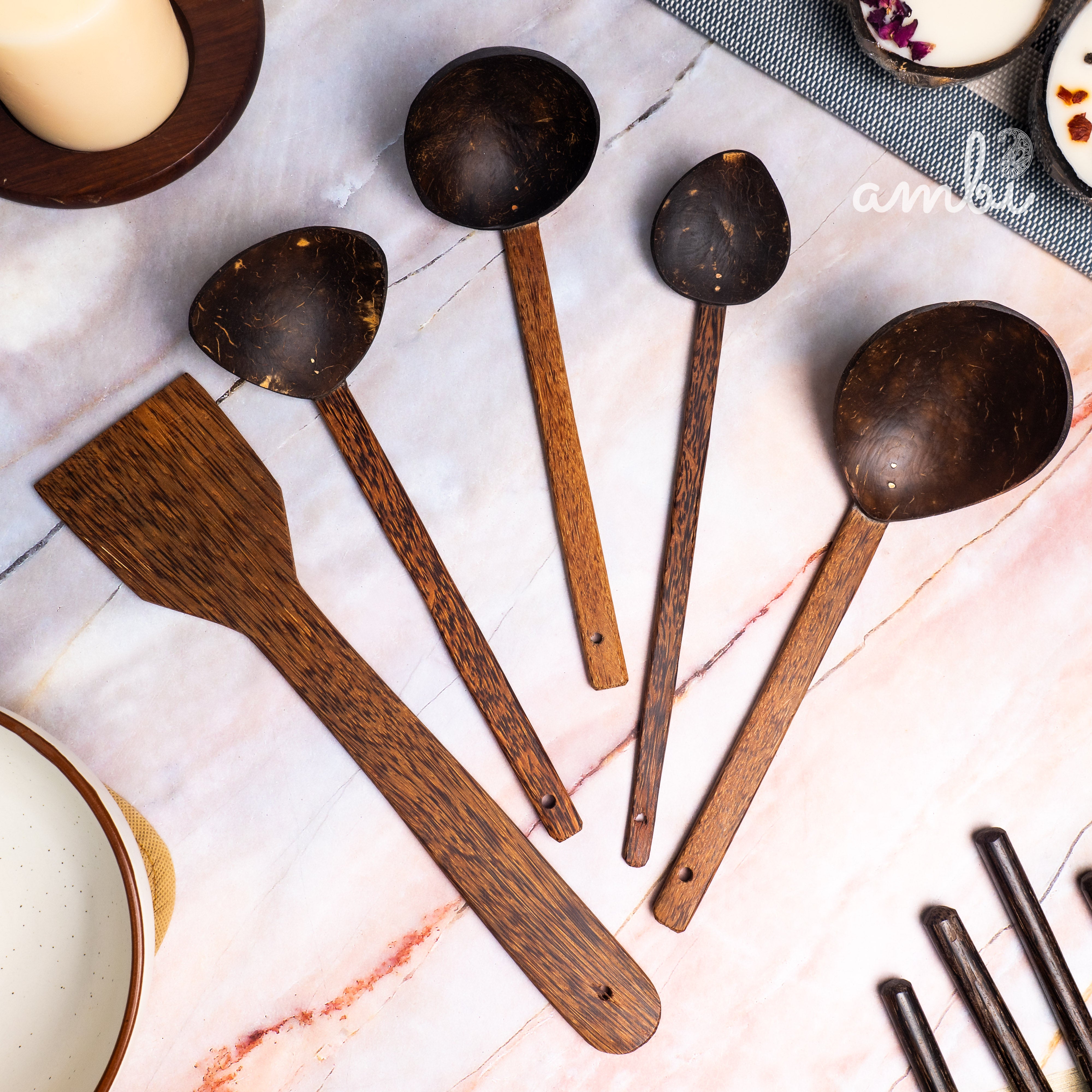 Coconut Shell Spoons Sets for Cooking 1 Spatula, 1 Large Spoon, 3 Wooden Ladles - Set of 5