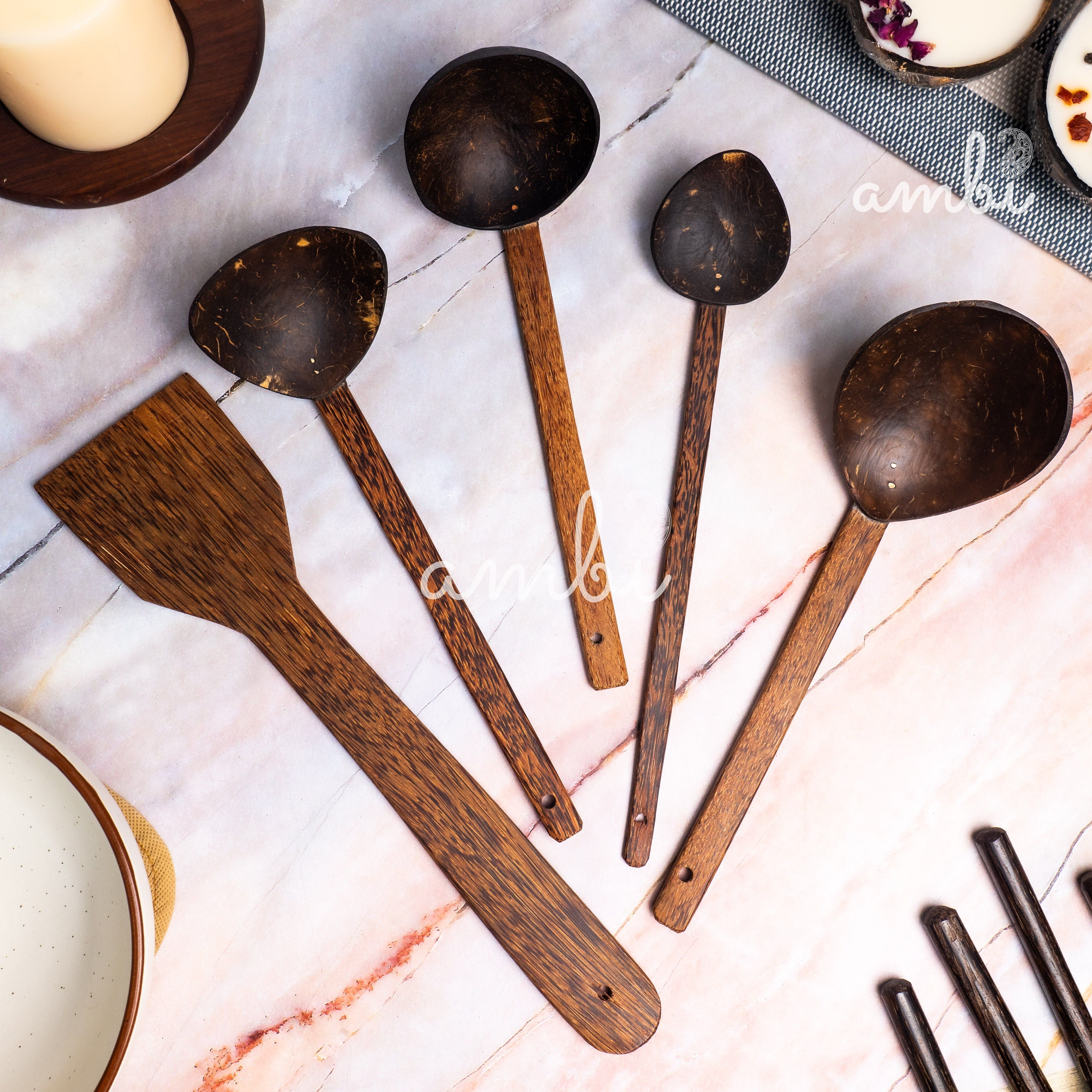 Coconut Shell Spoons Sets for Cooking 1 Spatula, 1 Large Spoon, 3 Wooden Ladles - Set of 5