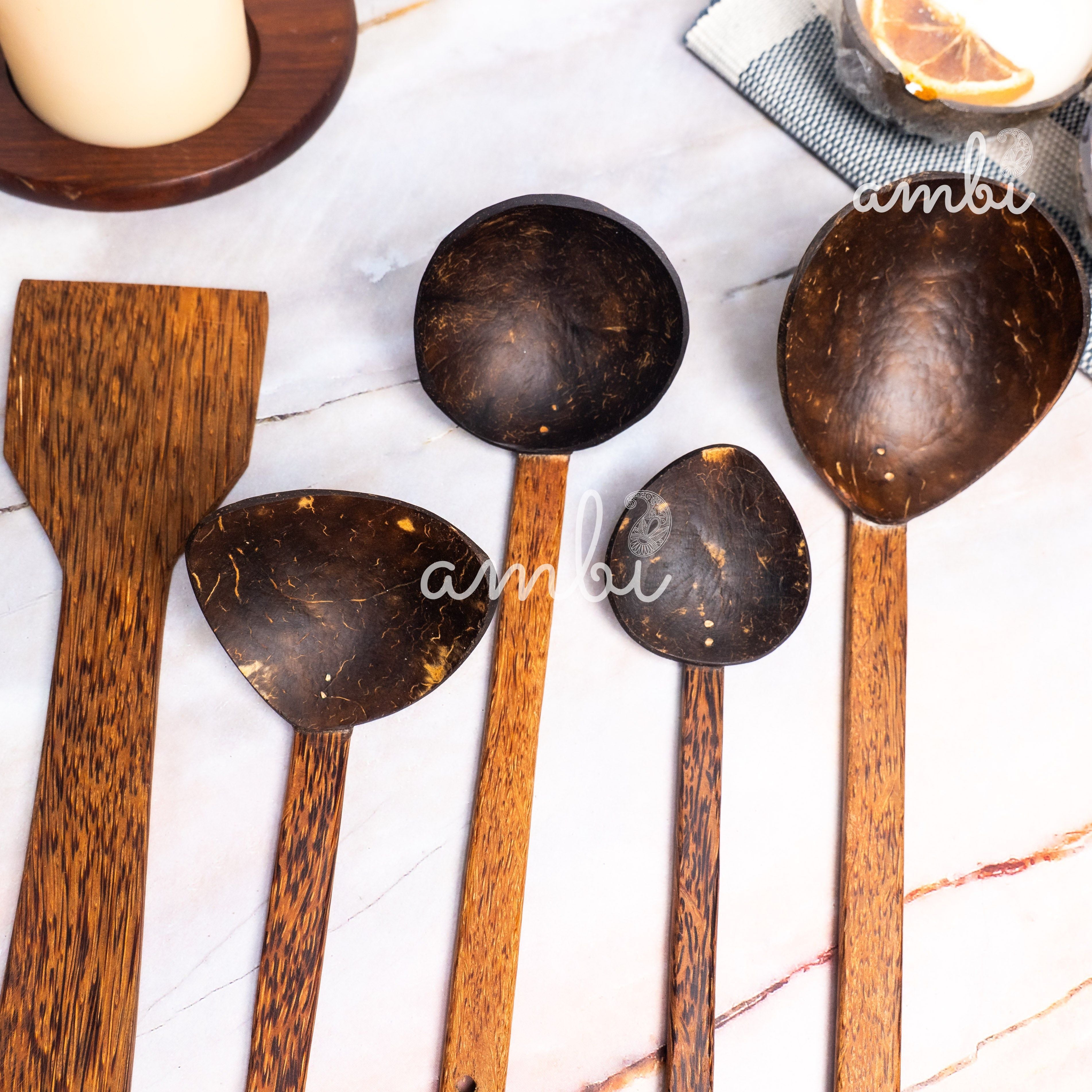 Coconut Shell Spoons Sets for Cooking 1 Spatula, 1 Large Spoon, 3 Wooden Ladles - Set of 5