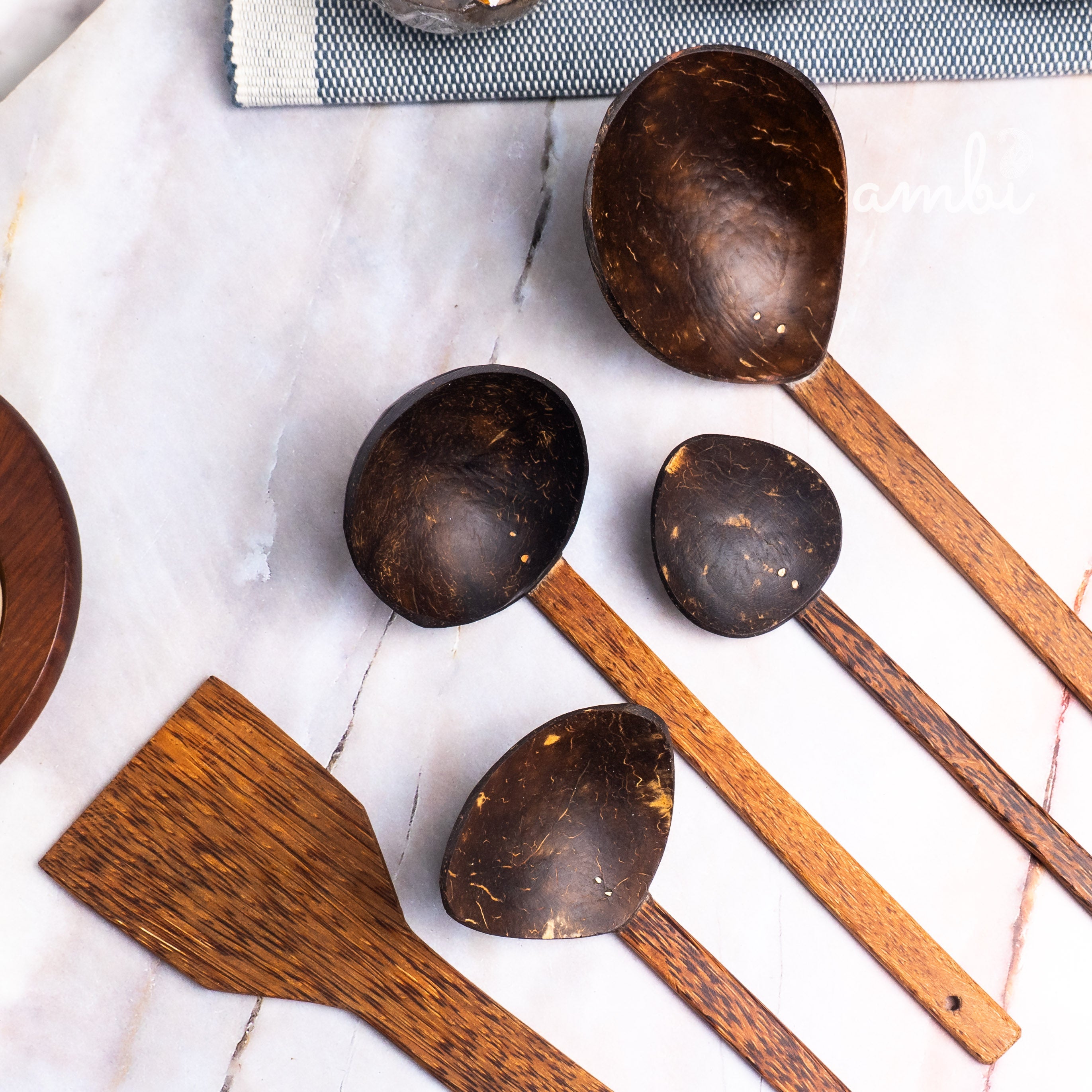 Coconut Shell Cooking Spoon Set — Spatula, Ladles and Serving Spoon, Set of 5