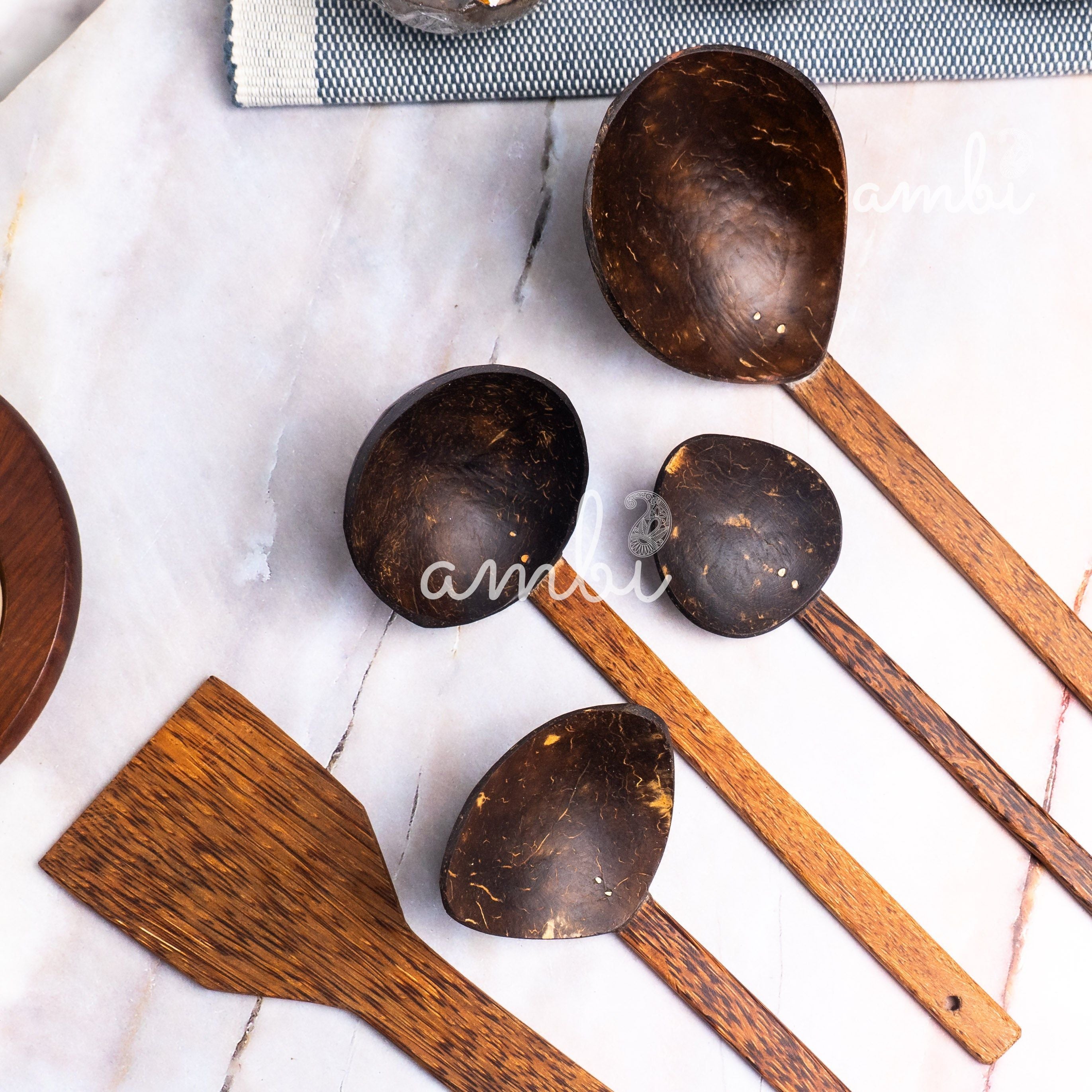 Coconut Shell Spoons Sets for Cooking 1 Spatula, 1 Large Spoon, 3 Wooden Ladles - Set of 5