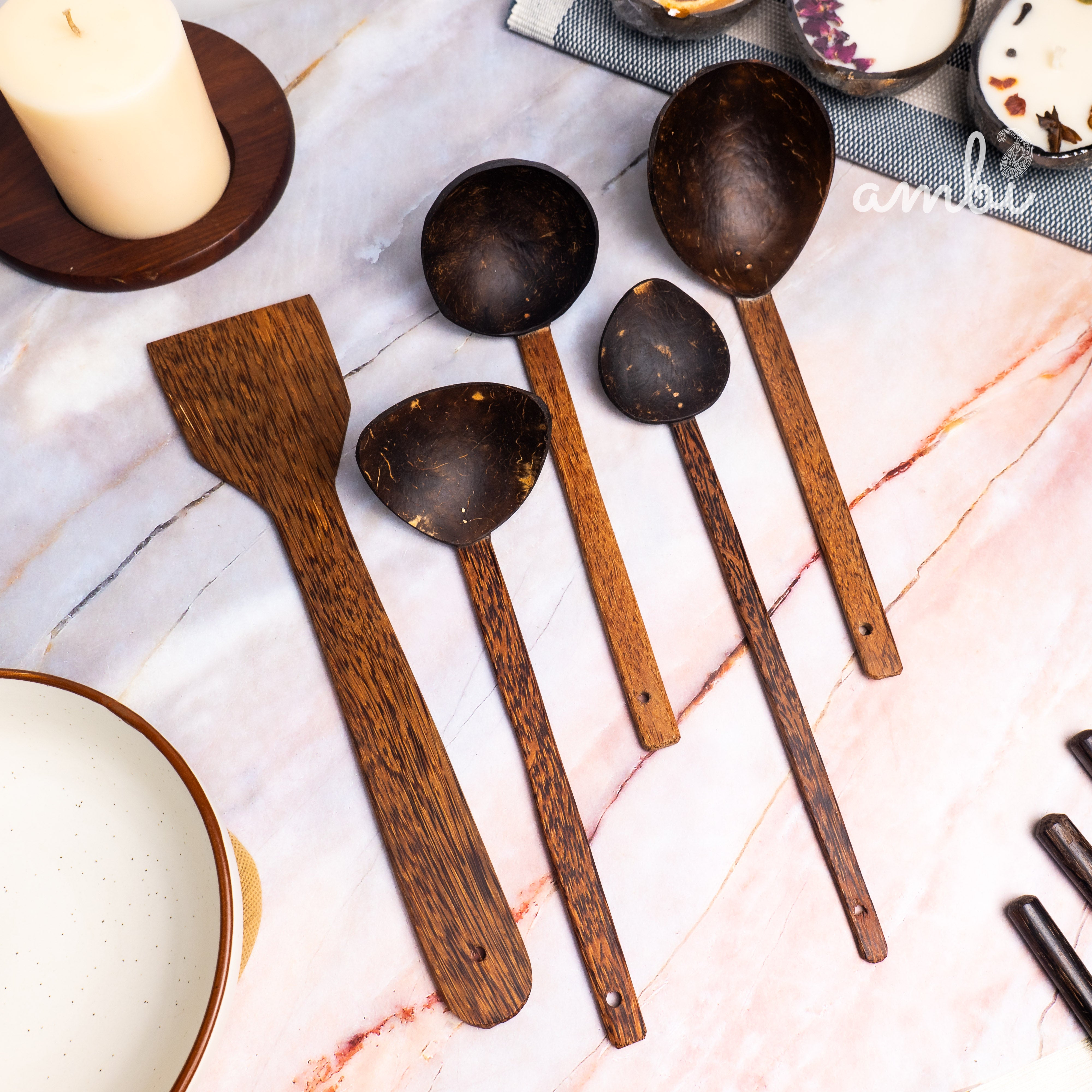 Coconut Shell Spoons Sets for Cooking 1 Spatula, 1 Large Spoon, 3 Wooden Ladles - Set of 5