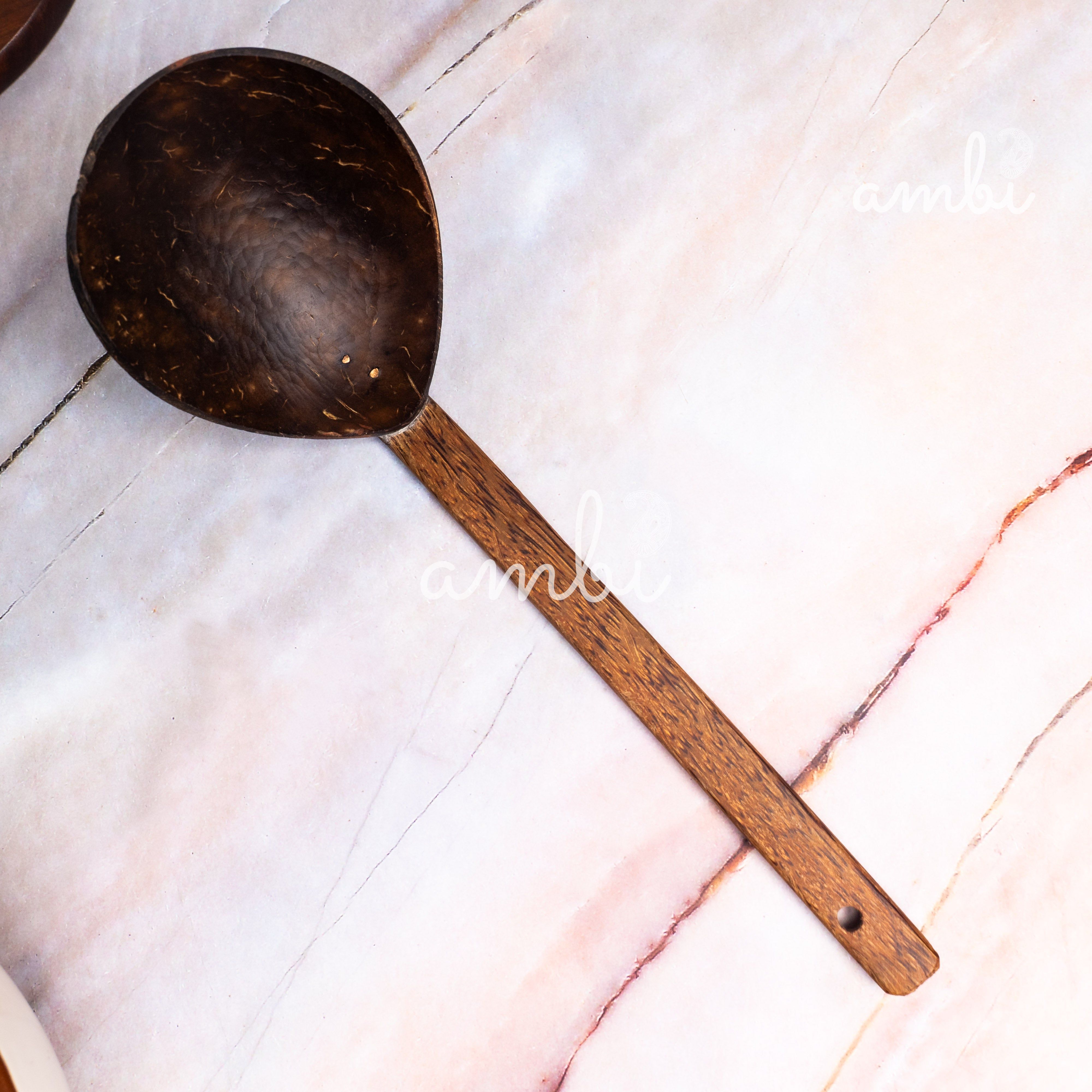 Coconut Shell Spoons Sets for Cooking 1 Spatula, 1 Large Spoon, 3 Wooden Ladles - Set of 5