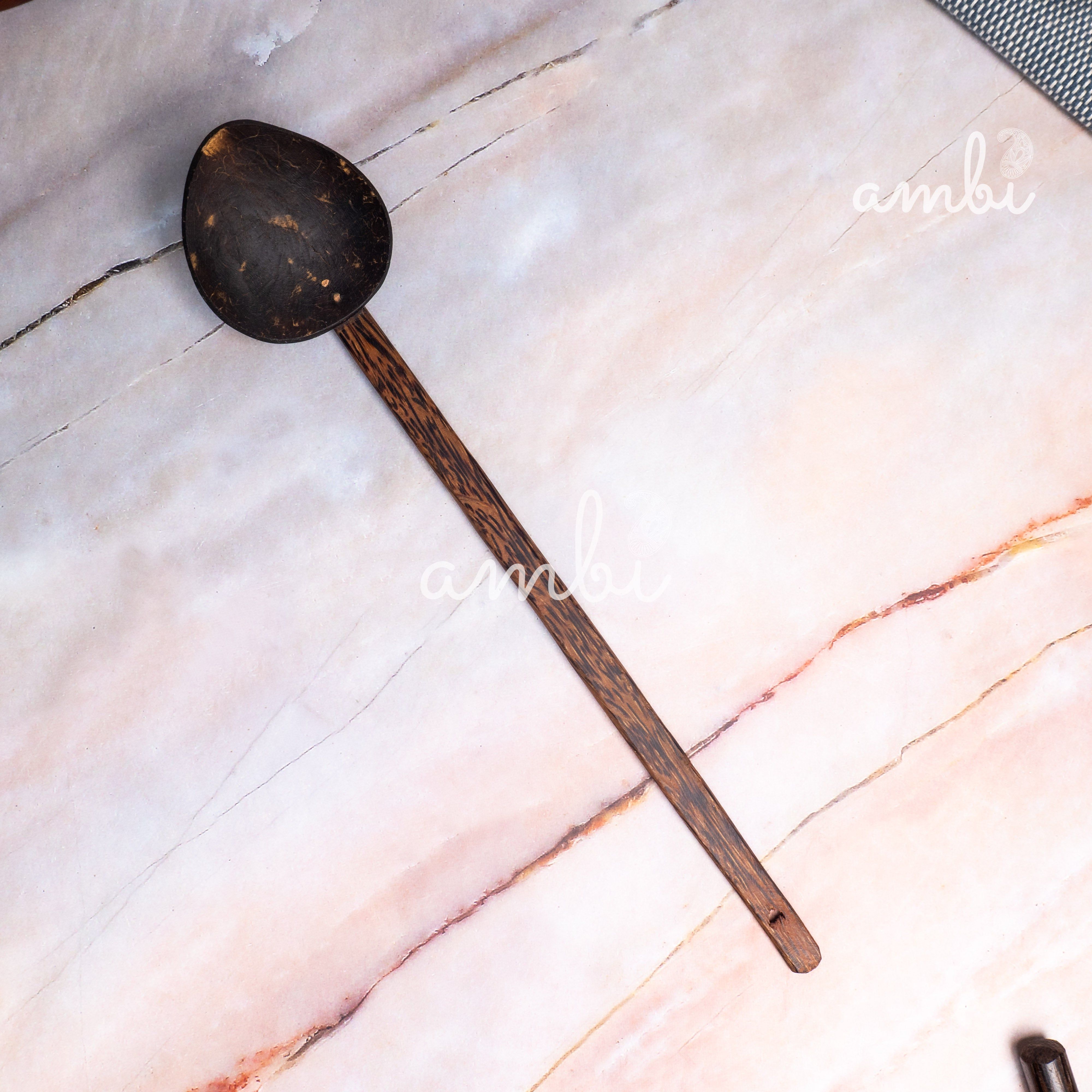 Coconut Shell Spoons Sets for Cooking 1 Spatula, 1 Large Spoon, 3 Wooden Ladles - Set of 5