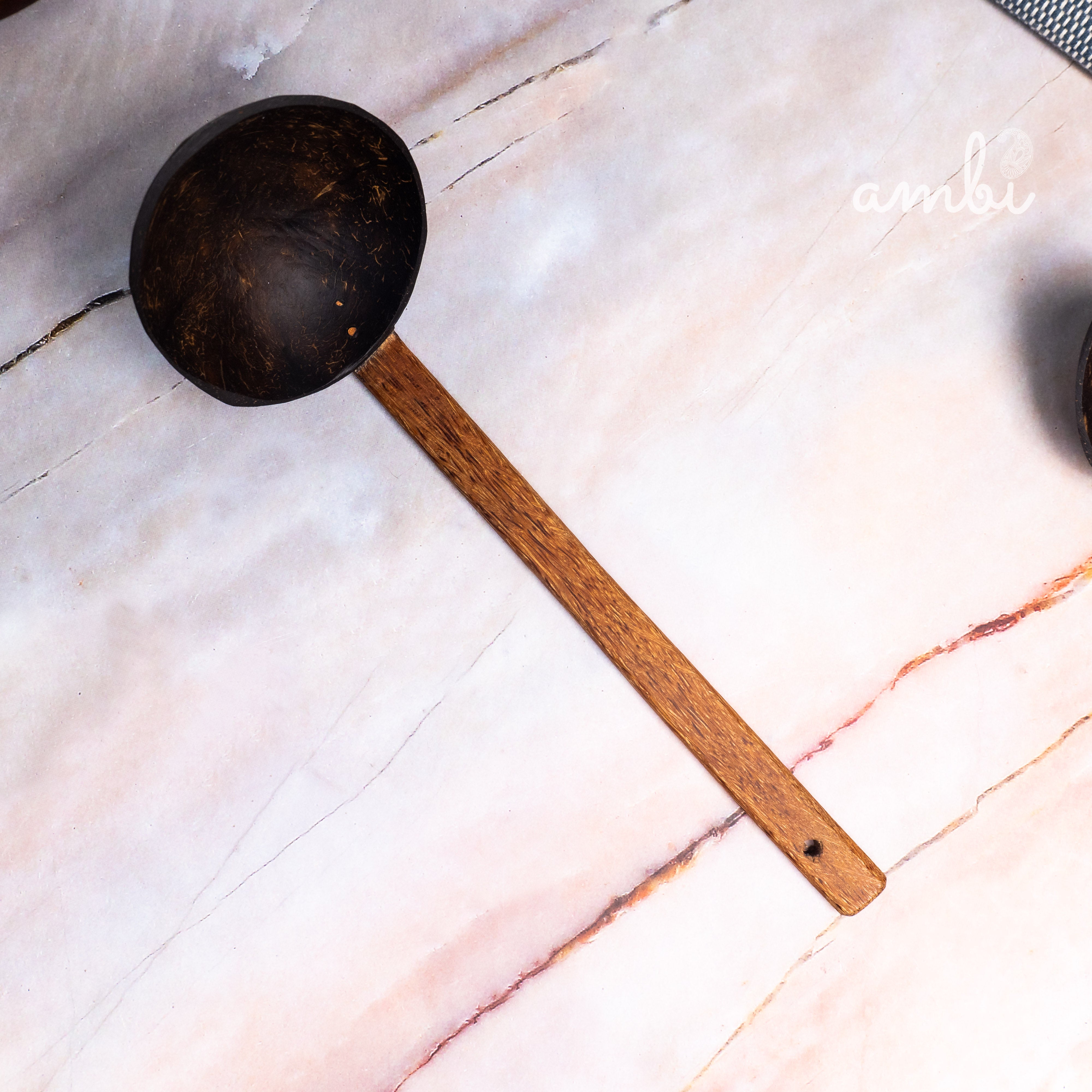 Coconut Shell Spoons Sets for Cooking 1 Spatula, 1 Large Spoon, 3 Wooden Ladles - Set of 5