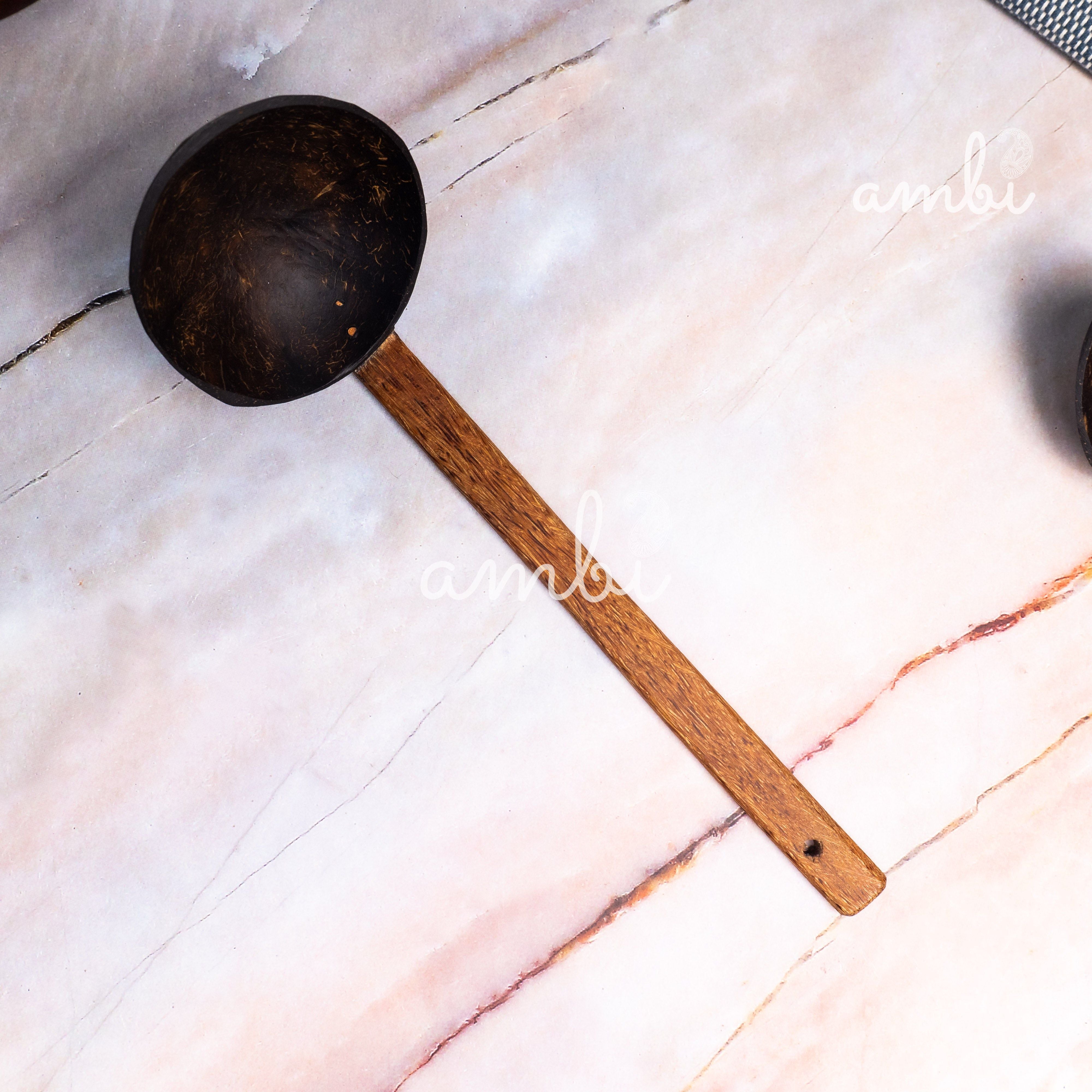 Coconut Shell Spoons Sets for Cooking 1 Spatula, 1 Large Spoon, 3 Wooden Ladles - Set of 5