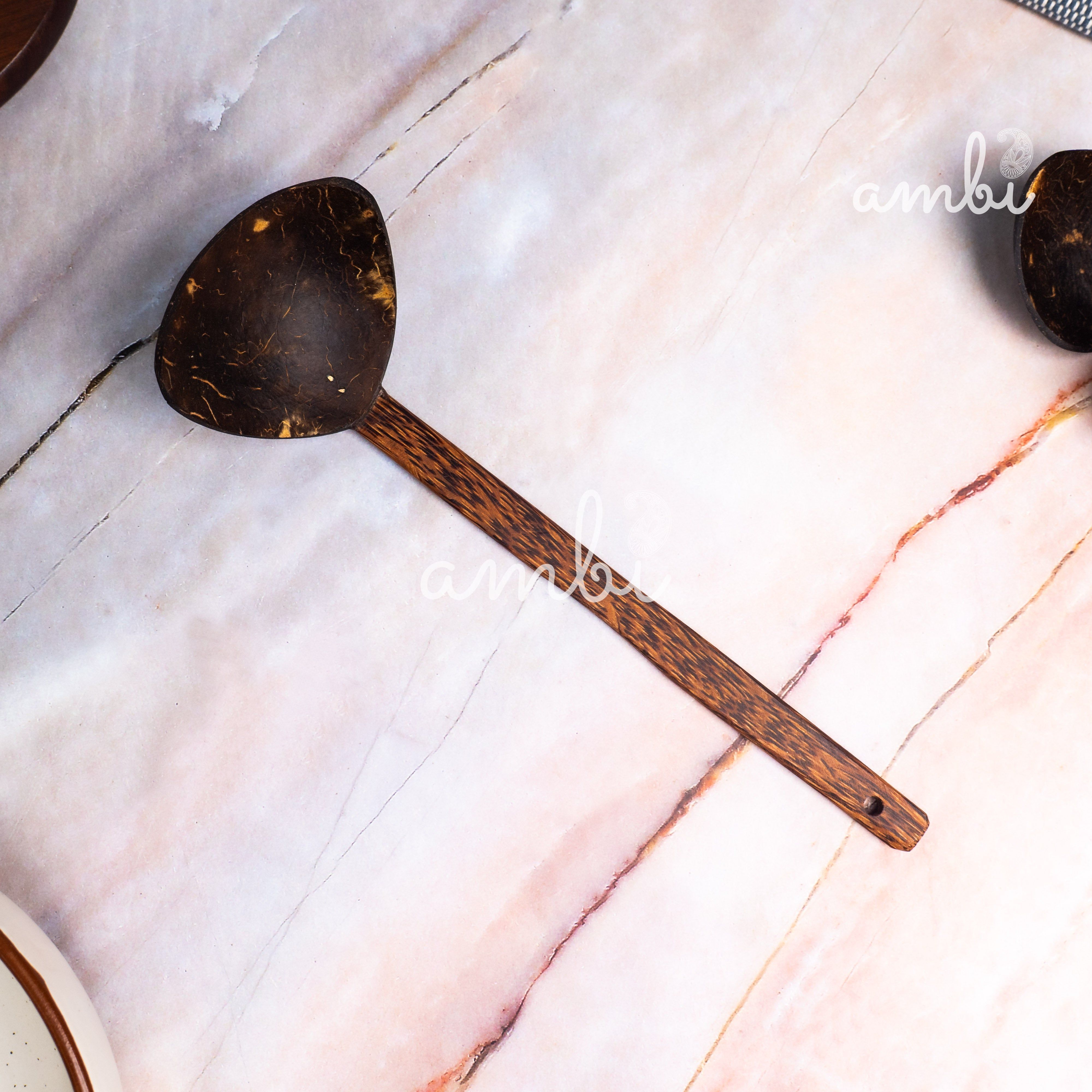 Coconut Shell Spoons Sets for Cooking 1 Spatula, 1 Large Spoon, 3 Wooden Ladles - Set of 5