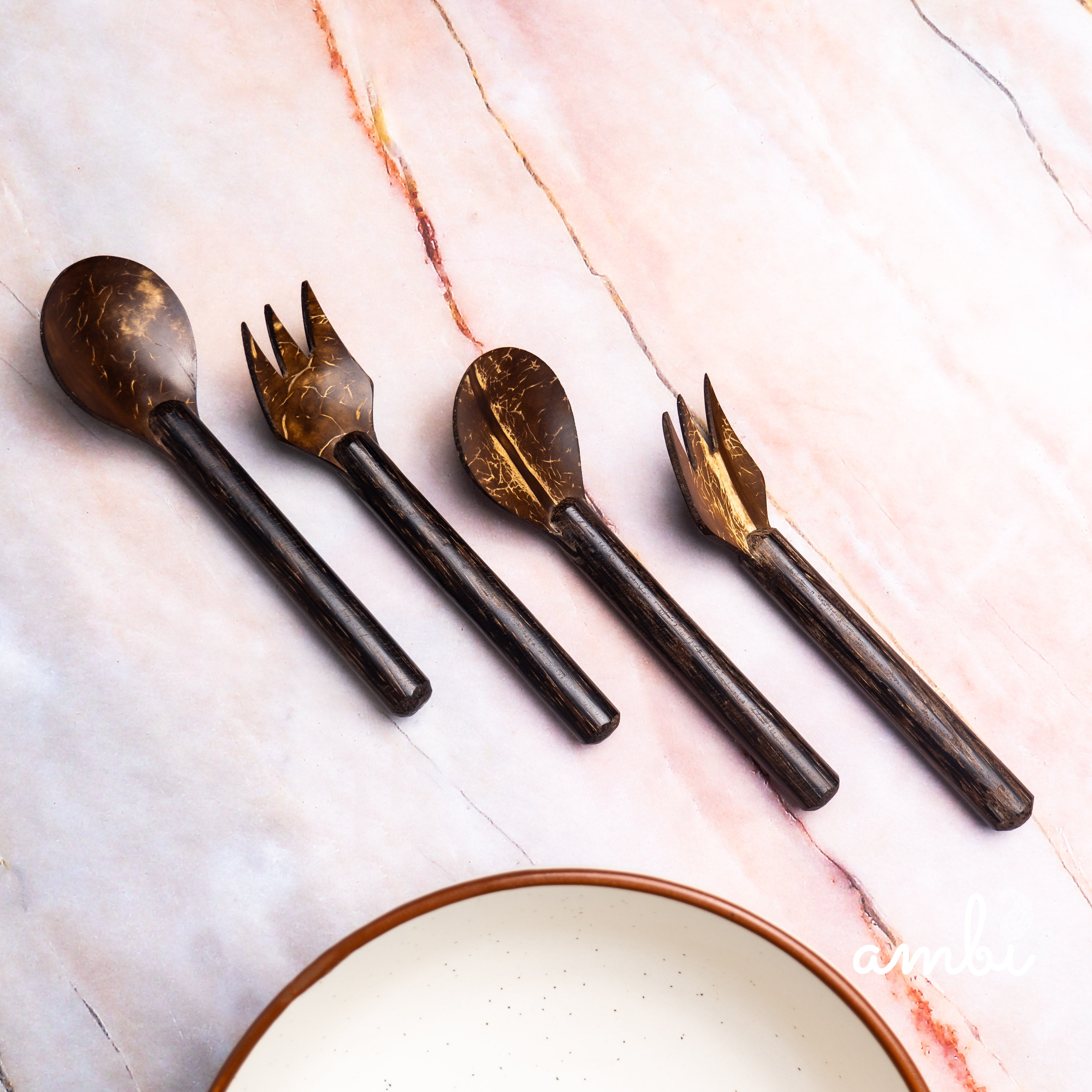 Coconut Shell Fork and Spoon Set — Set of 4, Handcrafted Eco-Friendly Cutlery