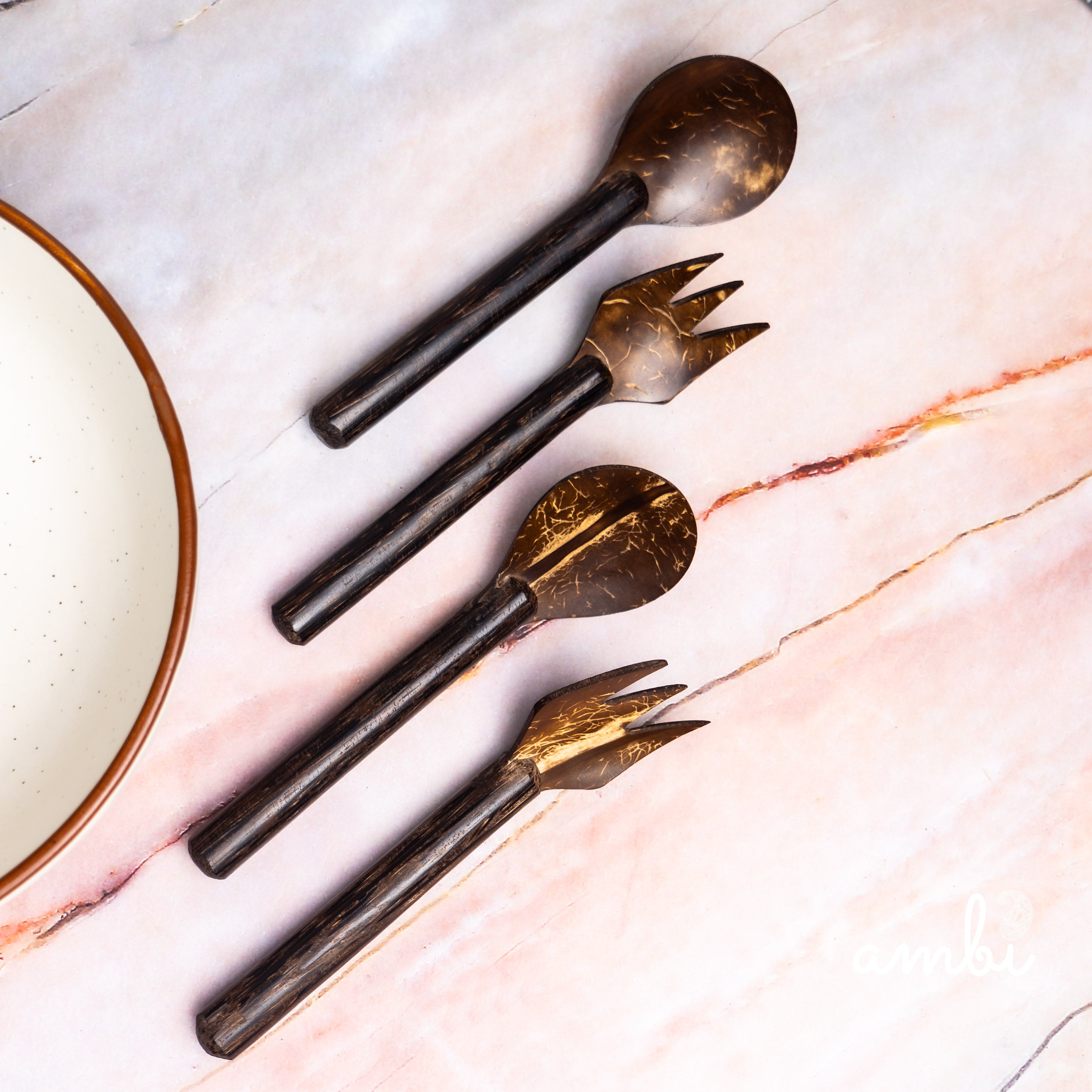 Coconut Shell Fork and Spoon Set — Set of 4, Handcrafted Eco-Friendly Cutlery