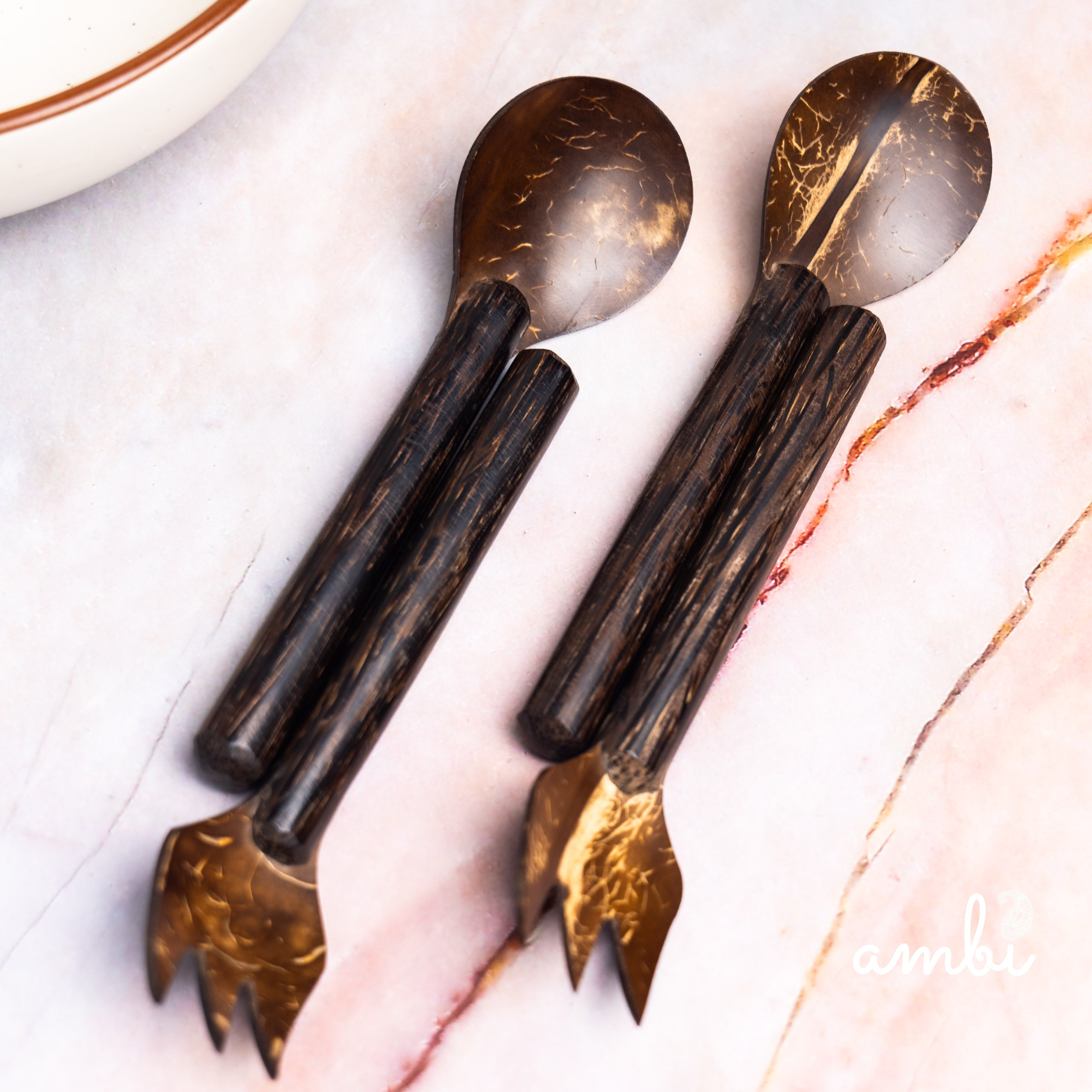 Coconut Shell Fork and Spoon Set — Set of 4, Handcrafted Eco-Friendly Cutlery