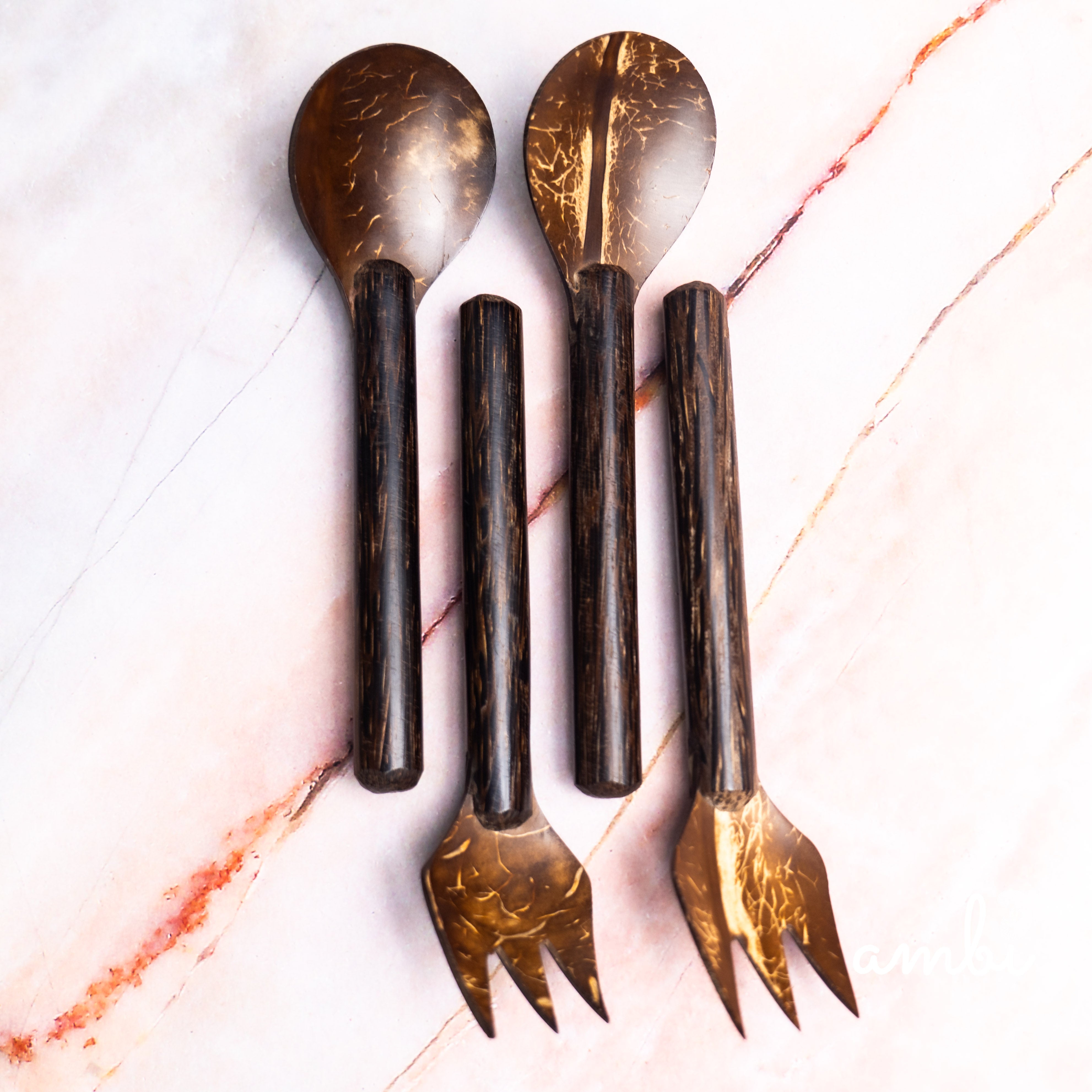 Coconut Shell Fork and Spoon Set — Set of 4, Handcrafted Eco-Friendly Cutlery