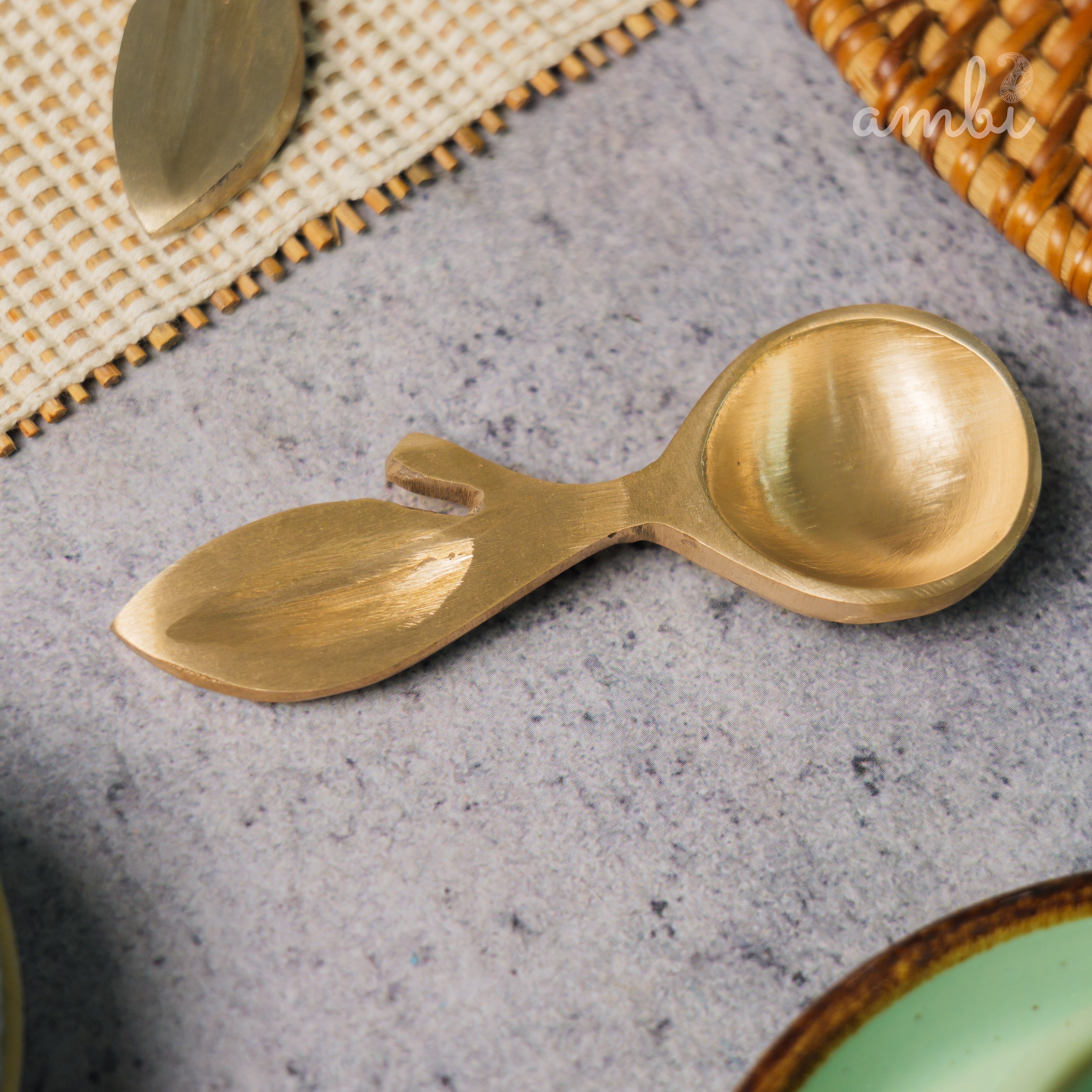 Ambi Lead Free 100% Pure Brass Leaf Design Pooja Charana Amrit / Traditional oil / Puja / Abhishek/ Dhoop Small Spoon - (Set of 2)