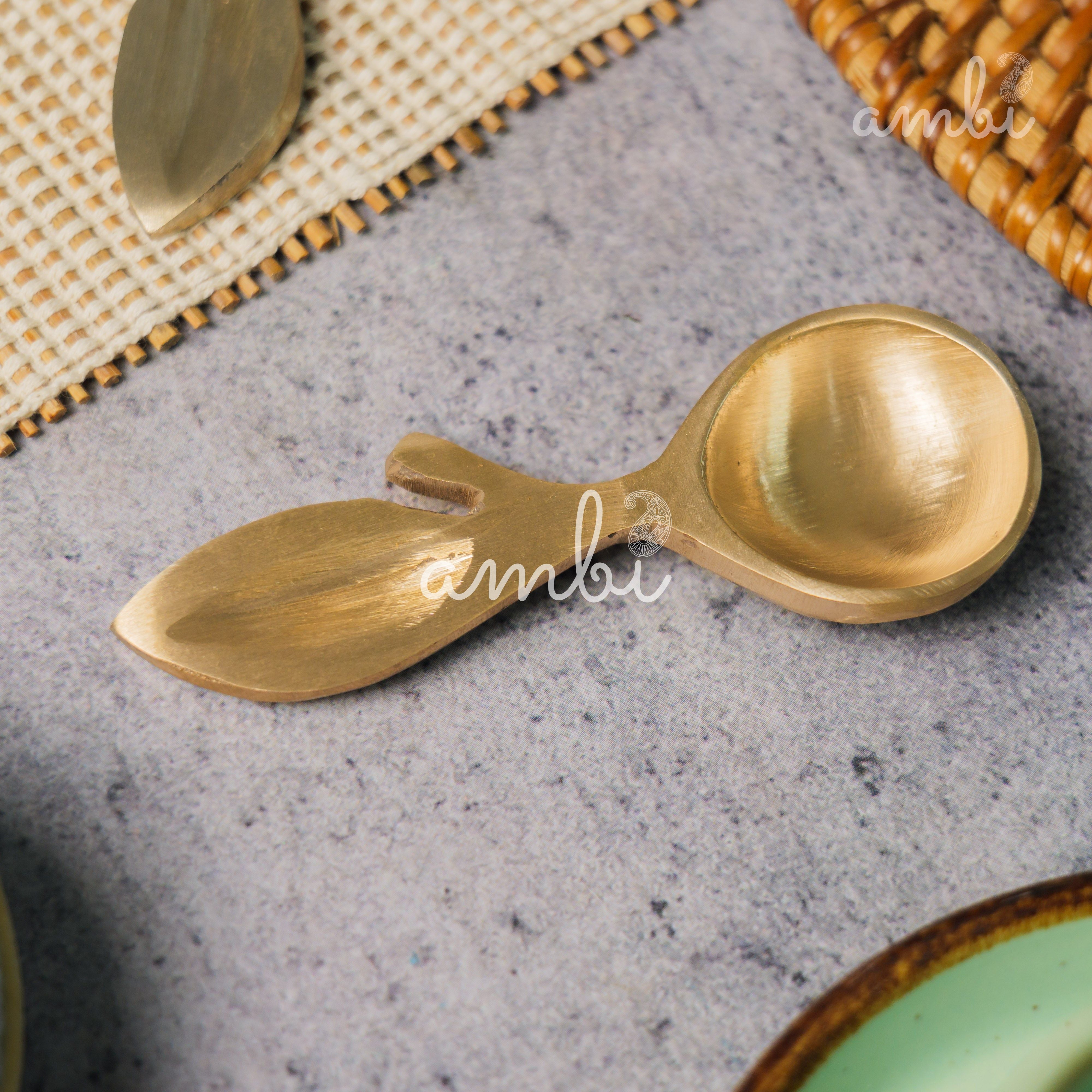 Ambi Lead Free 100% Pure Brass Leaf Design Pooja Charana Amrit / Traditional oil / Puja / Abhishek/ Dhoop Small Spoon - (Set of 2)