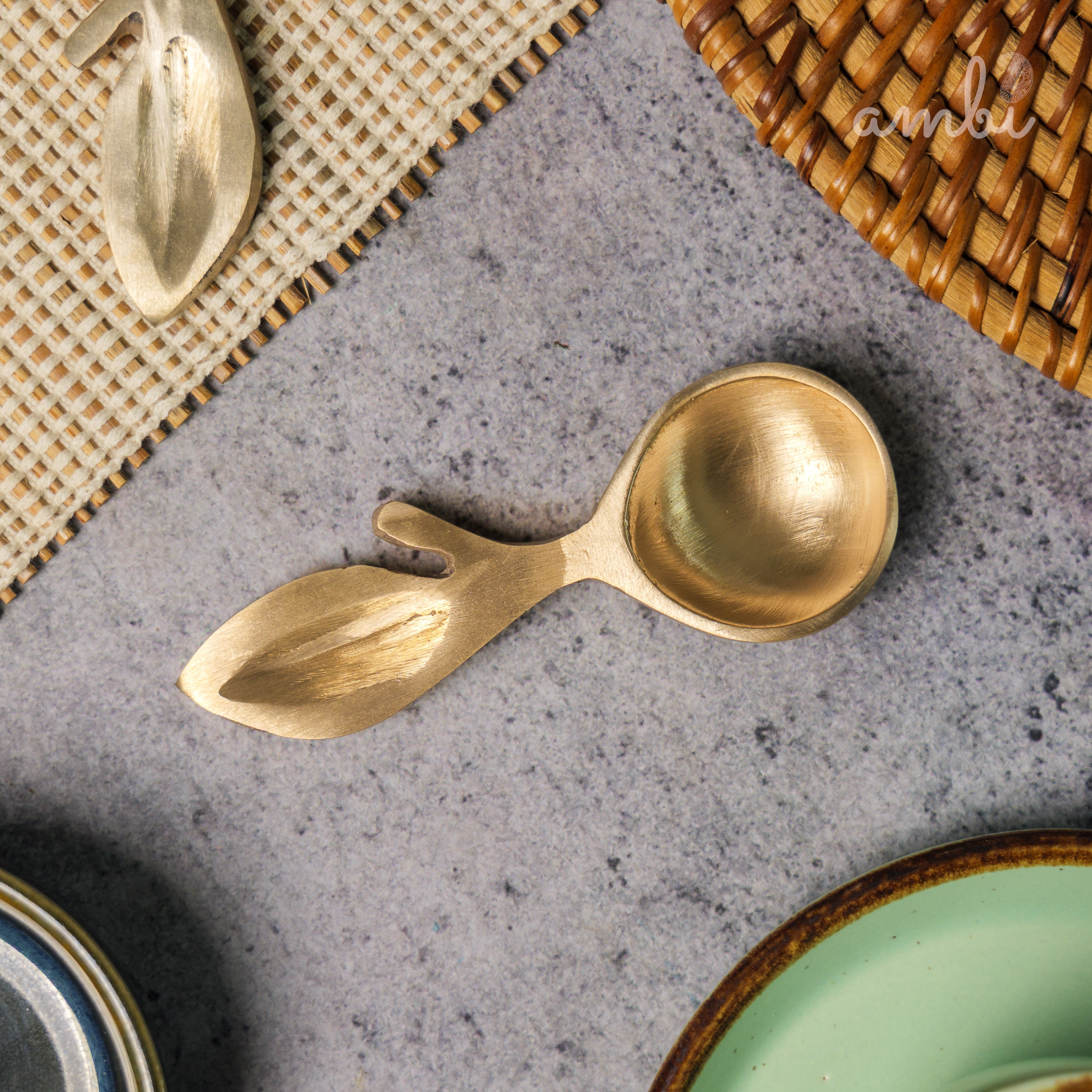 Ambi Lead Free 100% Pure Brass Leaf Design Pooja Charana Amrit / Traditional oil / Puja / Abhishek/ Dhoop Small Spoon - (Set of 2)