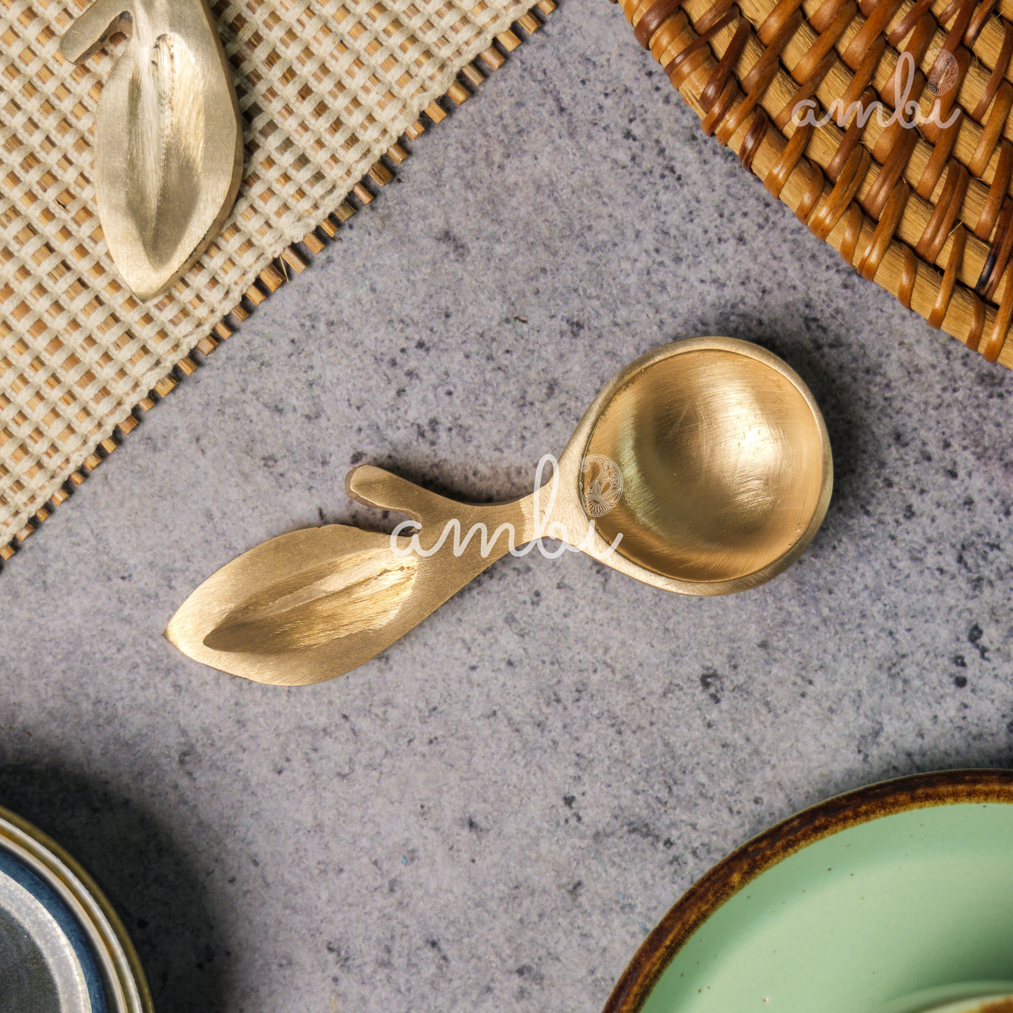 Ambi Lead Free 100% Pure Brass Leaf Design Pooja Charana Amrit / Traditional oil / Puja / Abhishek/ Dhoop Small Spoon - (Set of 2)