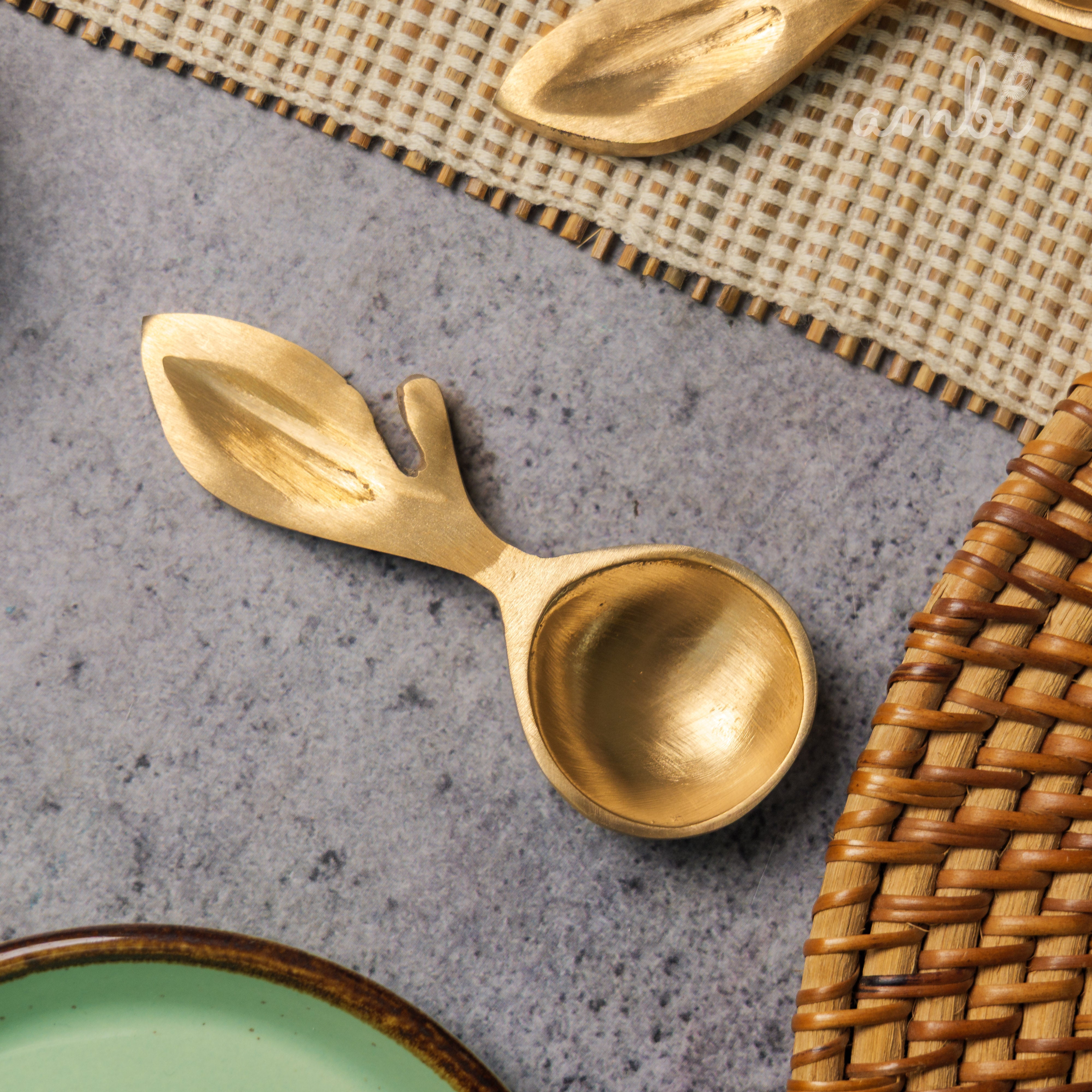 Ambi Lead Free 100% Pure Brass Leaf Design Pooja Charana Amrit / Traditional oil / Puja / Abhishek/ Dhoop Small Spoon - (Set of 2)