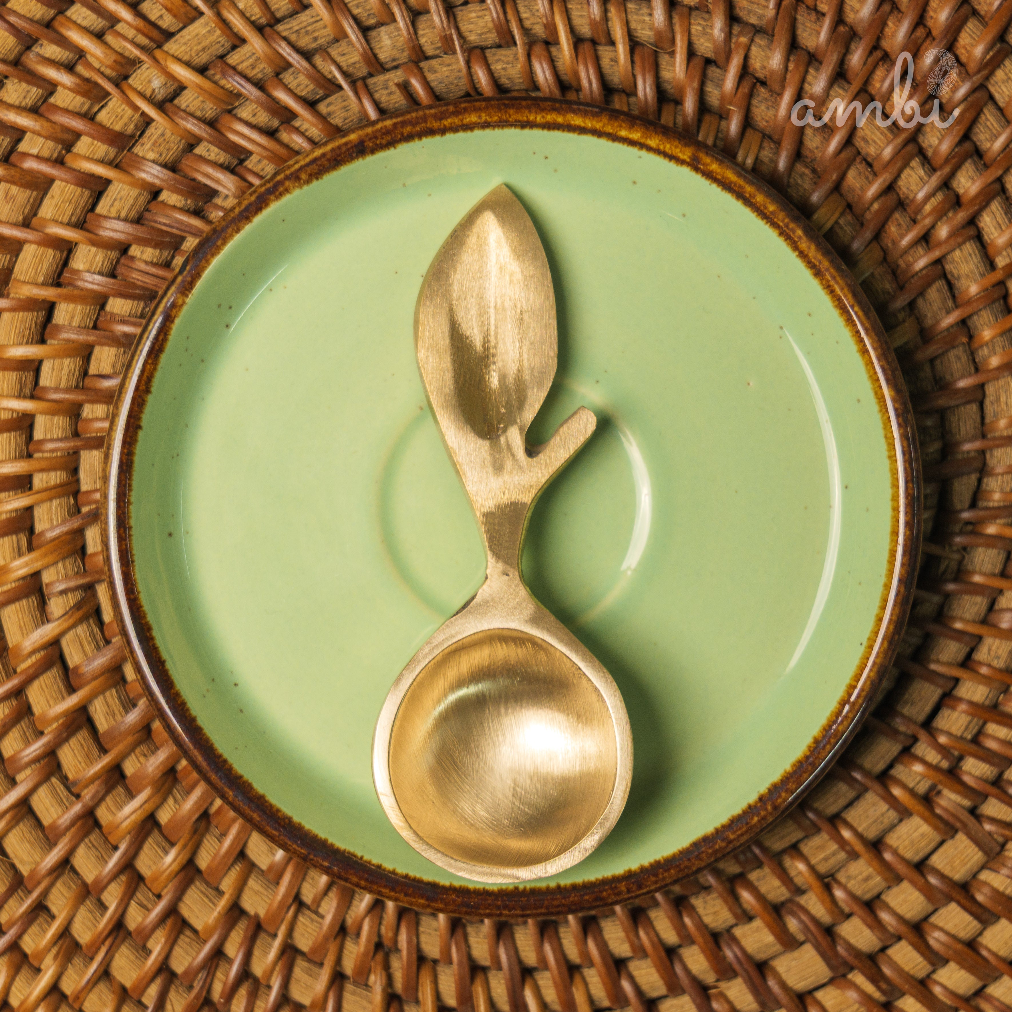 Ambi Lead Free 100% Pure Brass Leaf Design Pooja Charana Amrit / Traditional oil / Puja / Abhishek/ Dhoop Small Spoon - (Set of 2)