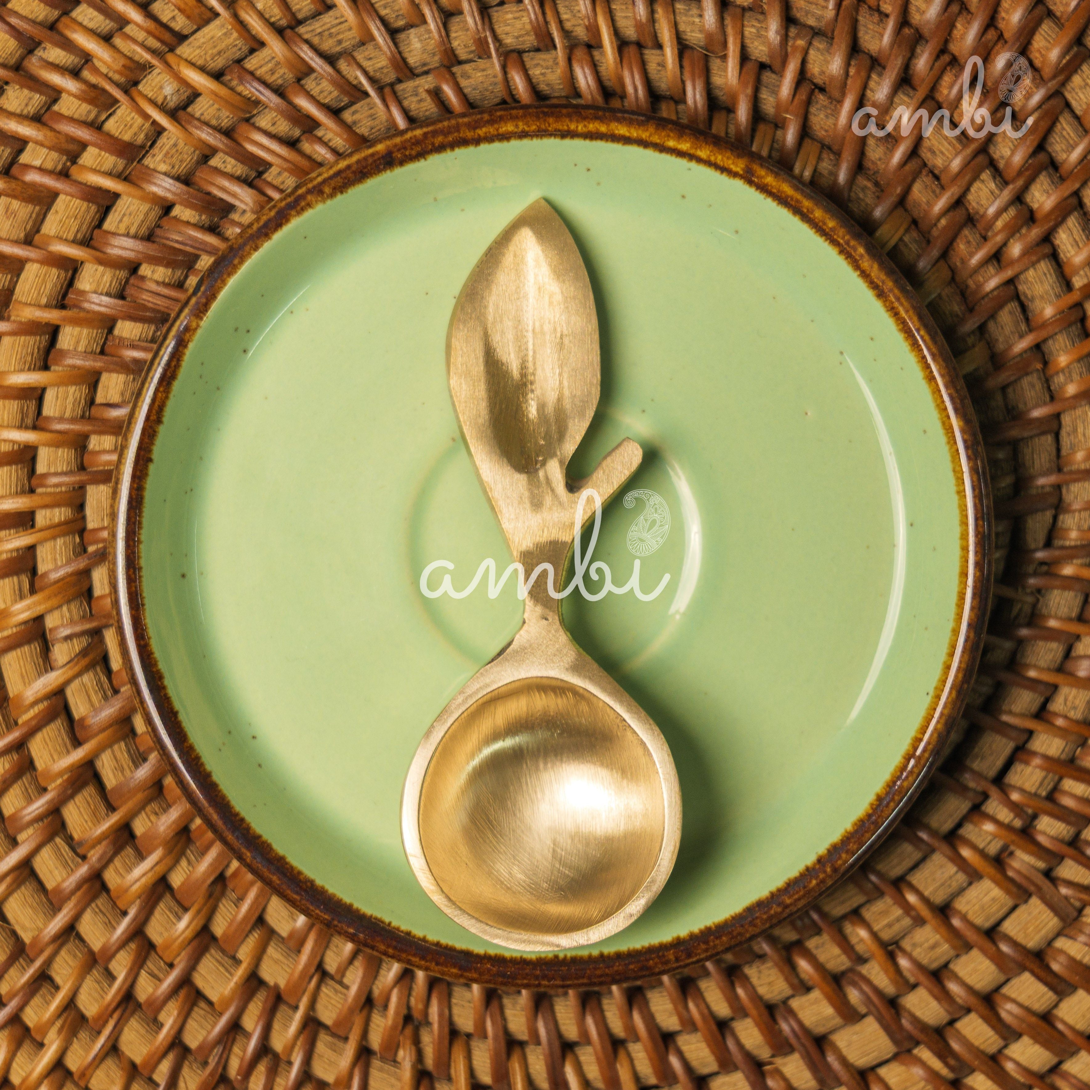 Ambi Lead Free 100% Pure Brass Leaf Design Pooja Charana Amrit / Traditional oil / Puja / Abhishek/ Dhoop Small Spoon - (Set of 2)