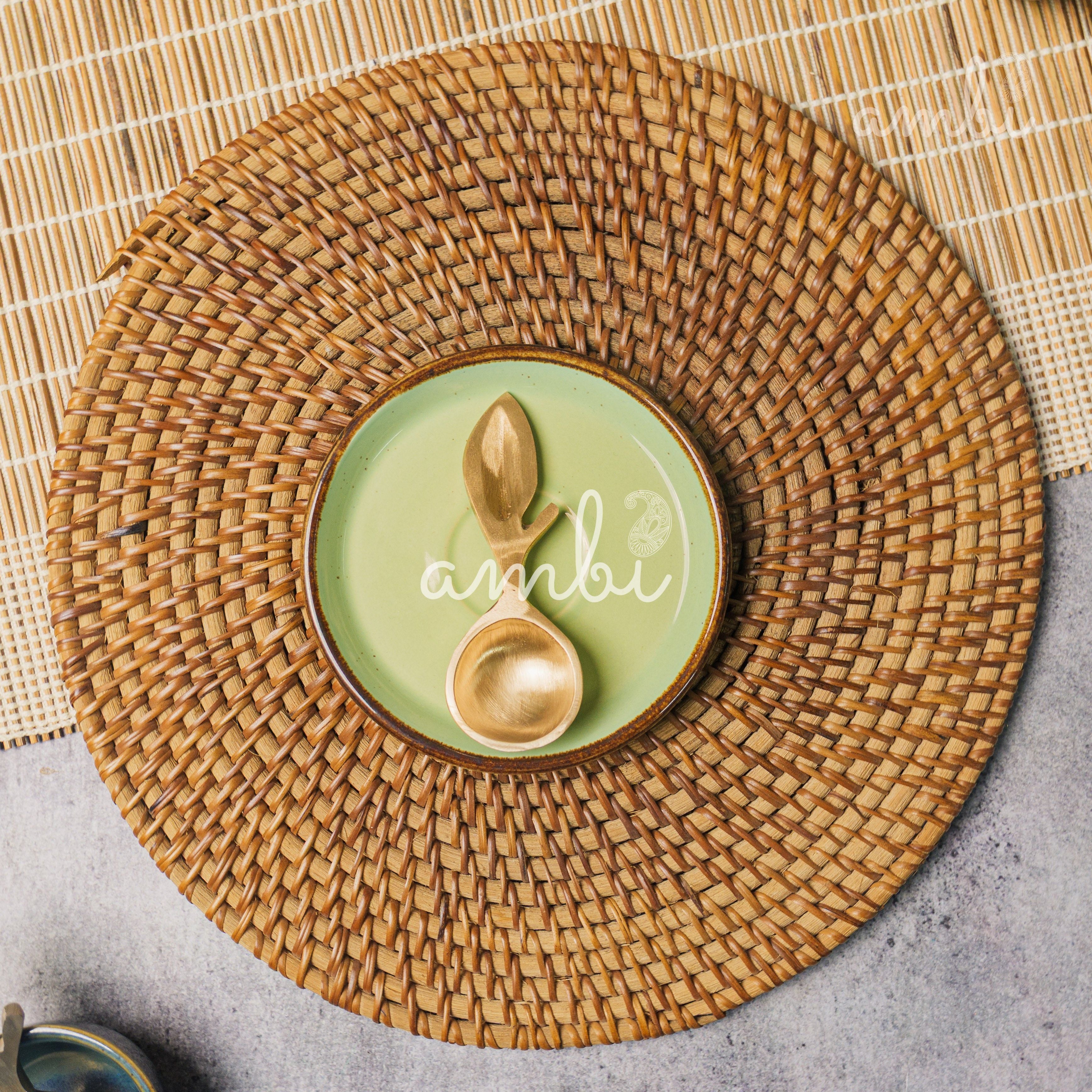 Ambi Lead Free 100% Pure Brass Leaf Design Pooja Charana Amrit / Traditional oil / Puja / Abhishek/ Dhoop Small Spoon - (Set of 2)